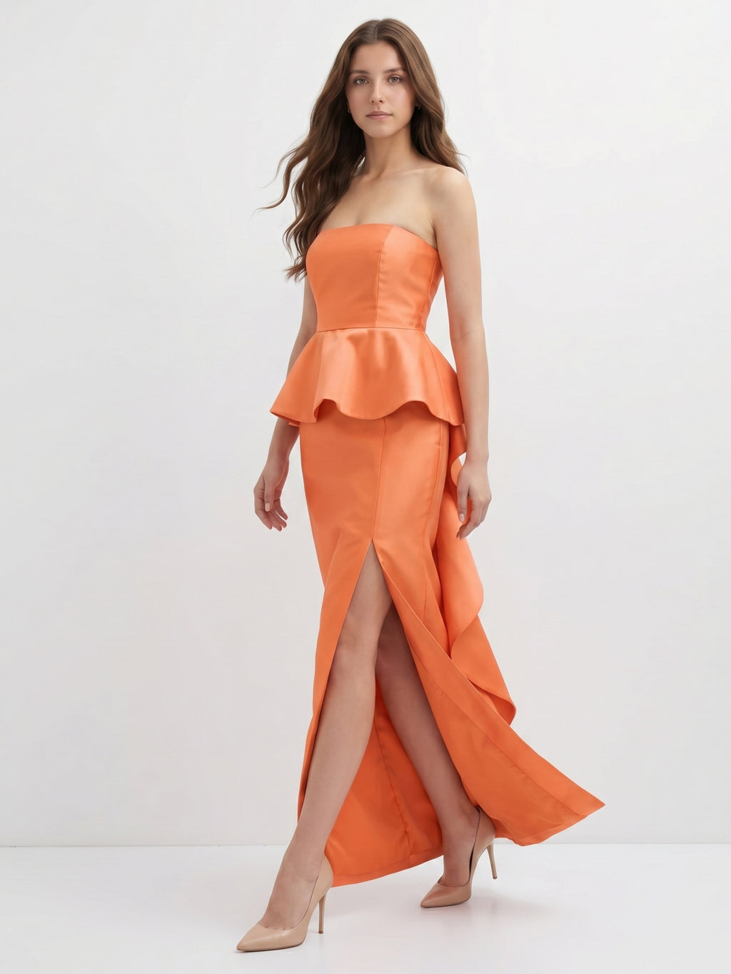 Soft Orange Satin Sheath Straight Neck Back Zip Floor-Length Bridesmaid Dress with Ruffle