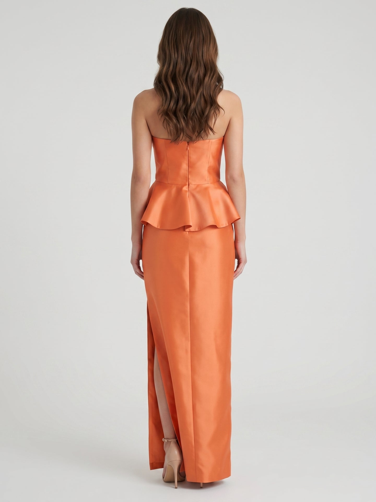 Soft Orange Satin Sheath Straight Neck Back Zip Floor-Length Bridesmaid Dress with Ruffle