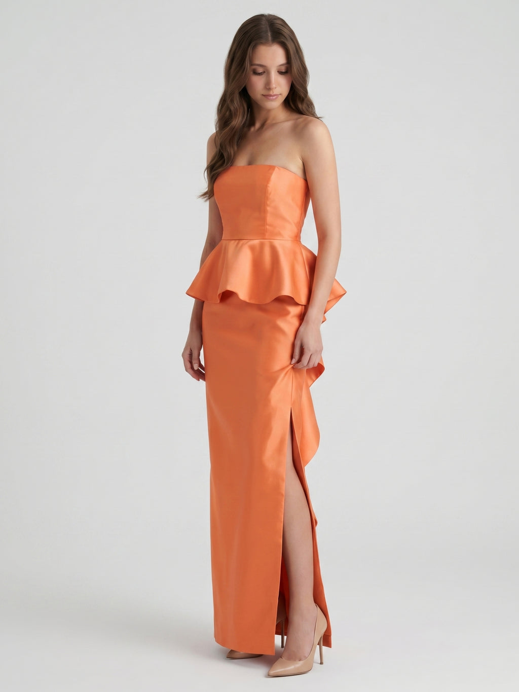 Soft Orange Satin Sheath Straight Neck Back Zip Floor-Length Bridesmaid Dress with Ruffle