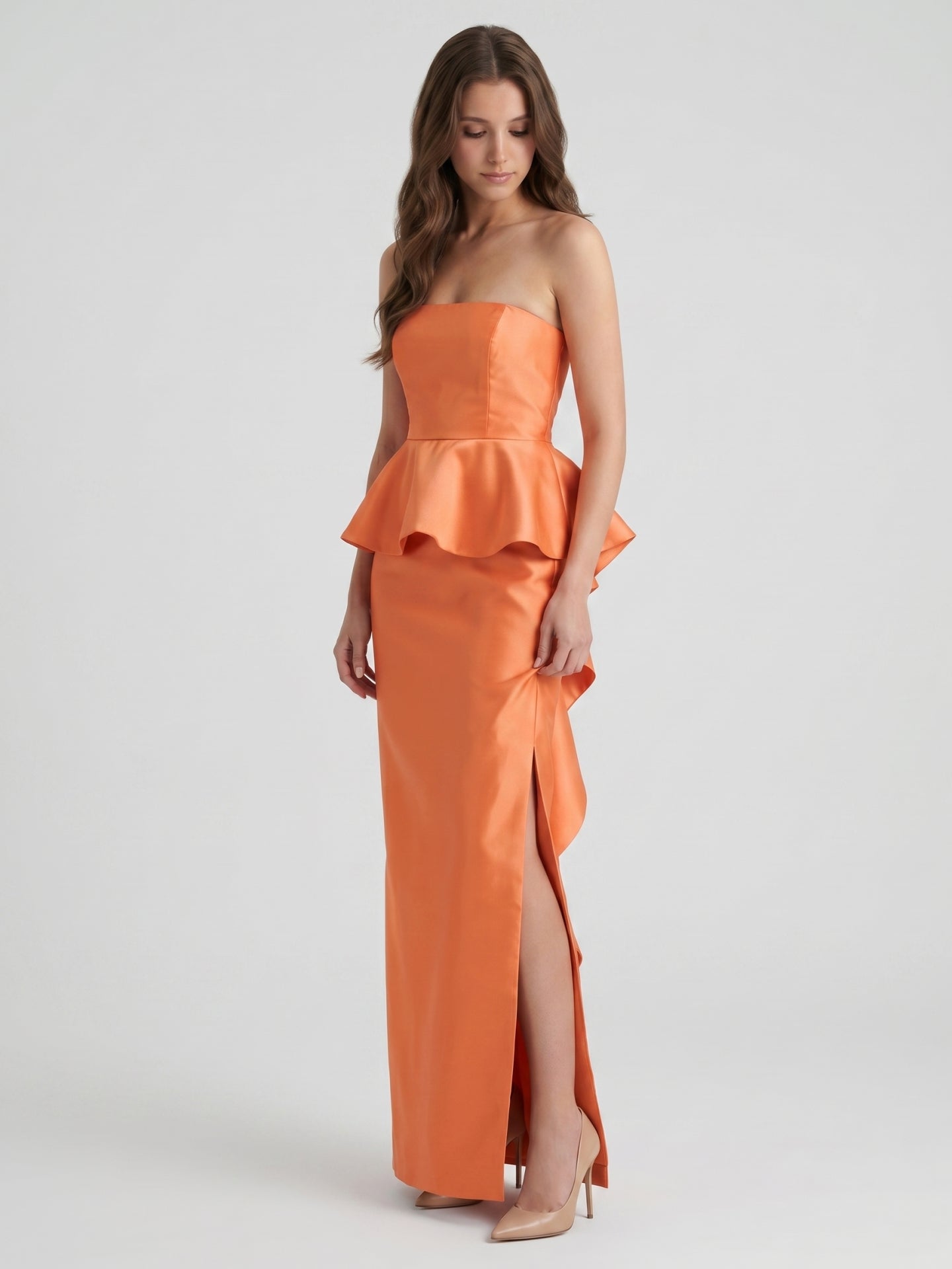 Soft Orange Satin Sheath Straight Neck Back Zip Floor-Length Bridesmaid Dress with Ruffle