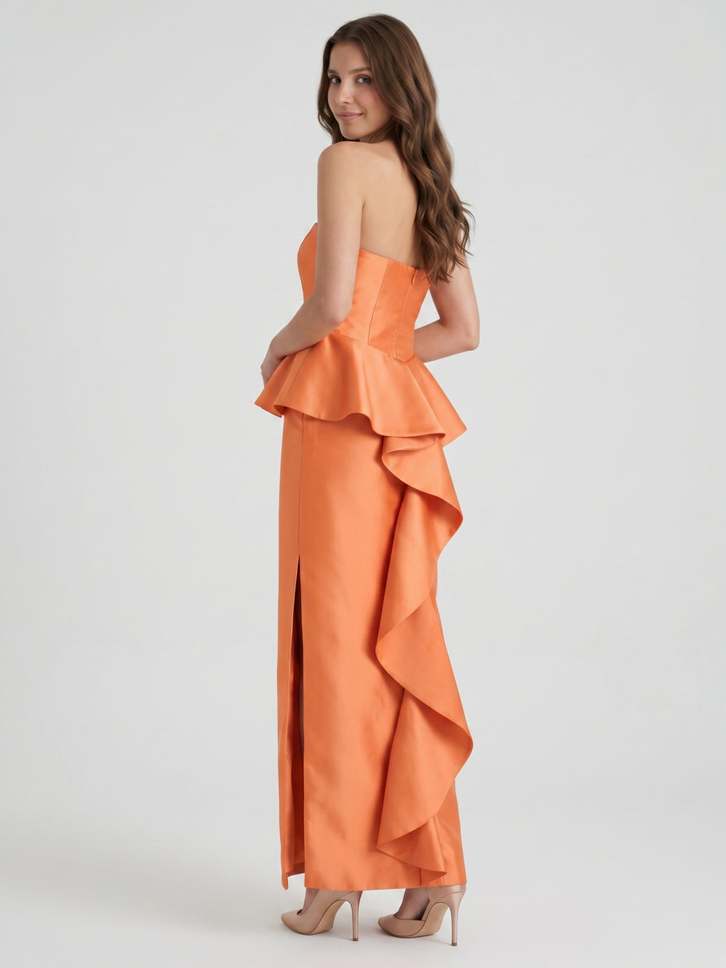 Soft Orange Satin Sheath Straight Neck Back Zip Floor-Length Bridesmaid Dress with Ruffle