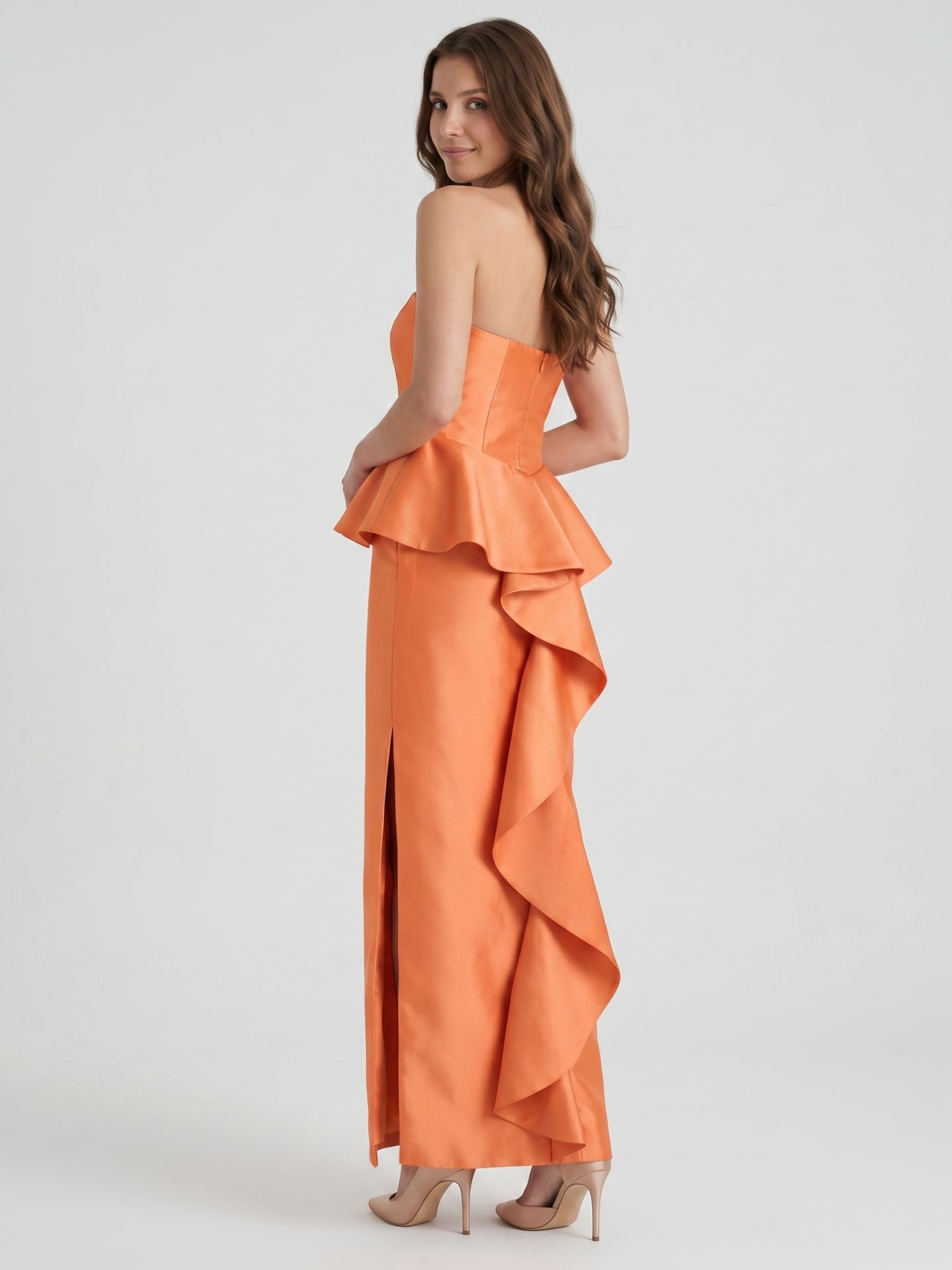 Soft Orange Satin Sheath Straight Neck Back Zip Floor-Length Bridesmaid Dress with Ruffle