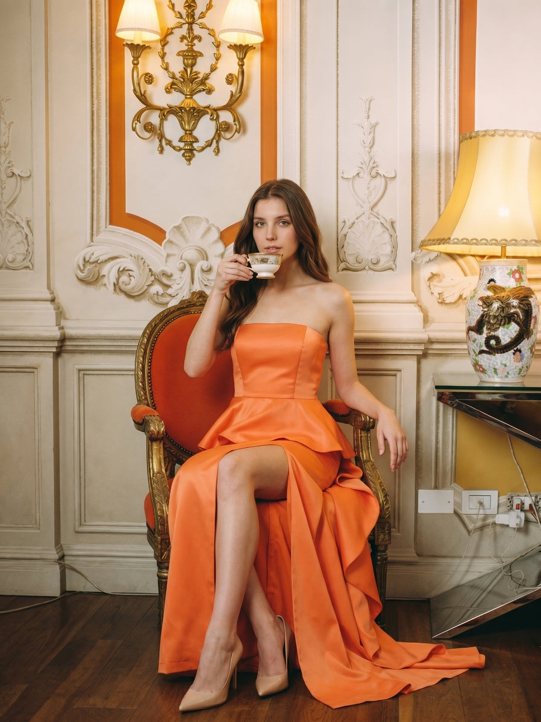 Soft Orange Satin Sheath Straight Neck Back Zip Floor-Length Bridesmaid Dress with Ruffle