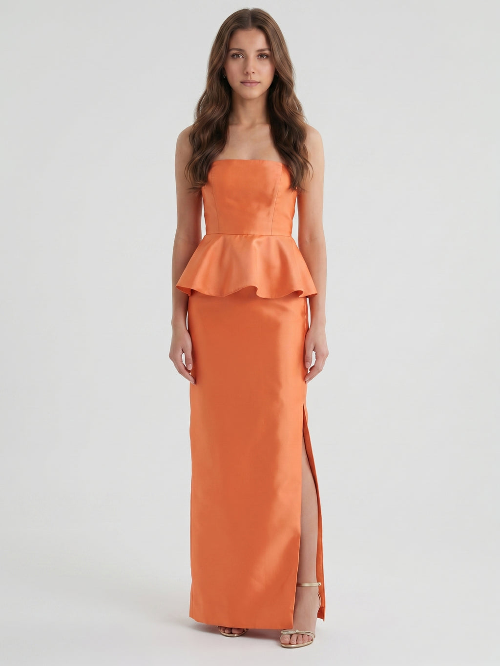 Soft Orange Satin Sheath Straight Neck Back Zip Floor-Length Bridesmaid Dress with Ruffle