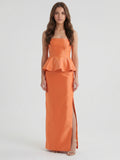 Soft Orange Satin Sheath Straight Neck Back Zip Floor-Length Bridesmaid Dress with Ruffle