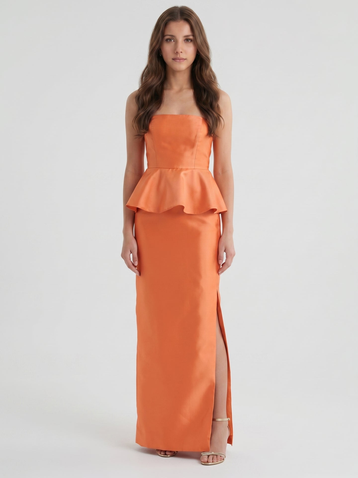 Soft Orange Satin Sheath Straight Neck Back Zip Floor-Length Bridesmaid Dress with Ruffle