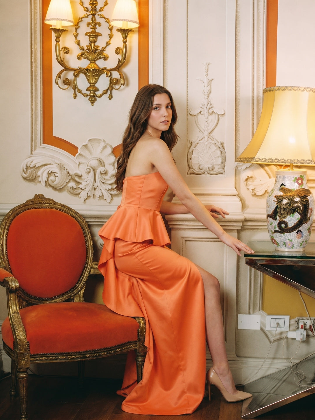 Soft Orange Satin Sheath Straight Neck Back Zip Floor-Length Bridesmaid Dress with Ruffle