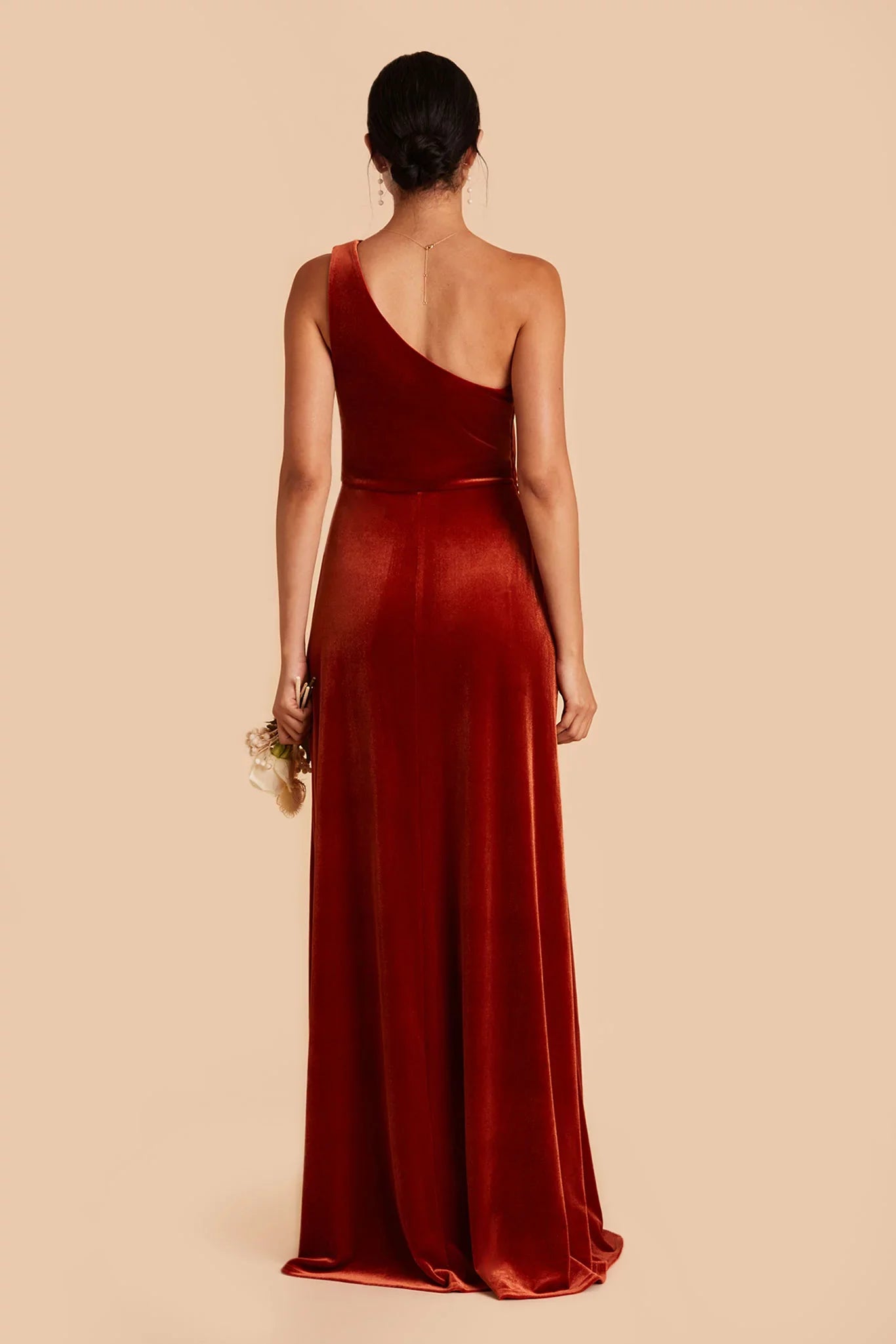 Sophisticated Burnt Orange Velvet One-Shoulder Maxi Bridesmaid Dress with High Side Slit & Open Back