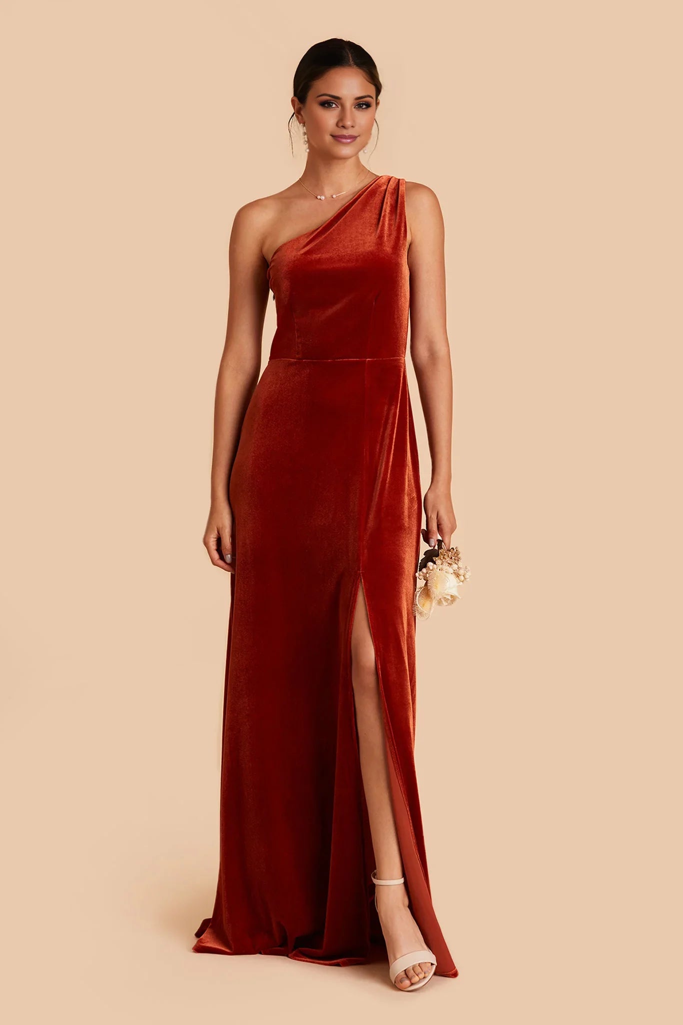 Sophisticated Burnt Orange Velvet One-Shoulder Maxi Bridesmaid Dress with High Side Slit & Open Back
