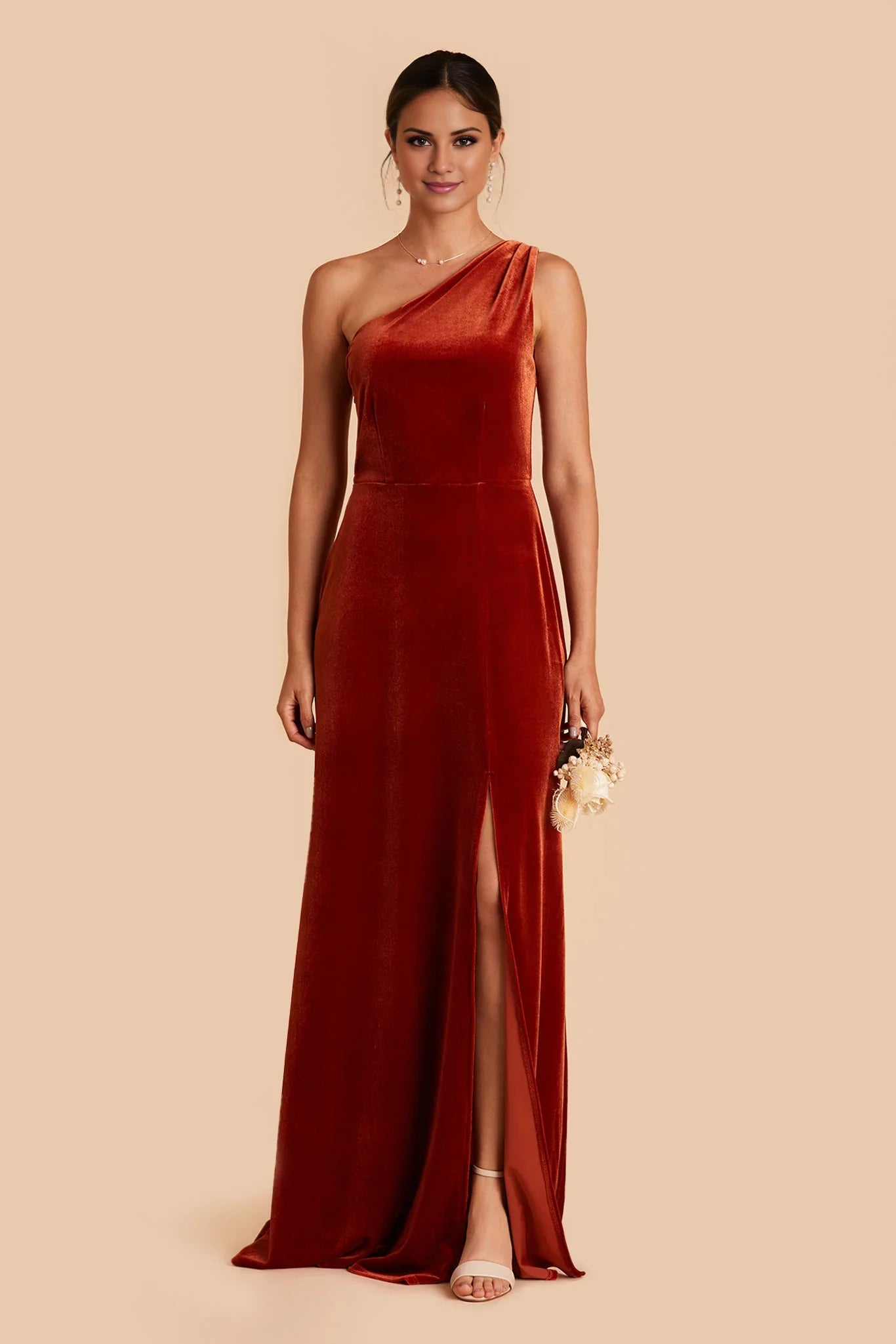 Sophisticated Burnt Orange Velvet One-Shoulder Maxi Bridesmaid Dress with High Side Slit & Open Back