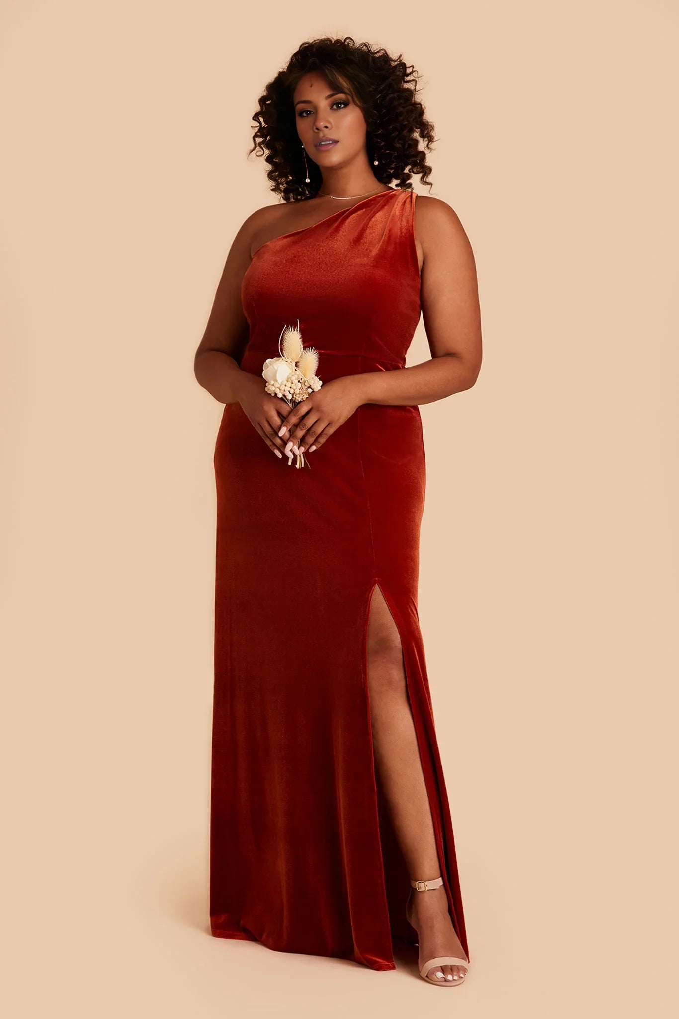 Sophisticated Burnt Orange Velvet One-Shoulder Maxi Bridesmaid Dress with High Side Slit & Open Back