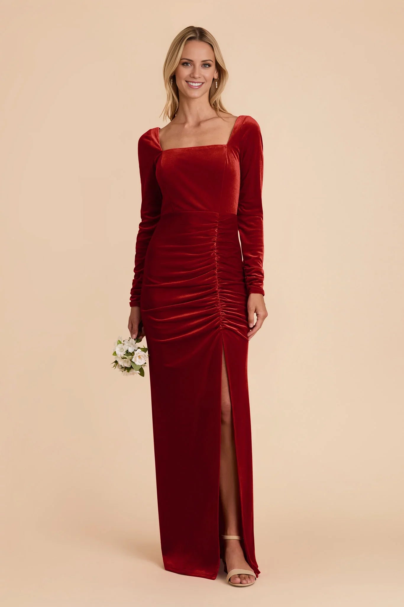 Sophisticated Burnt Orange Velvet Square Neck Long-Sleeve Maxi Bridesmaid Dress with Ruched Waist & High Side Slit