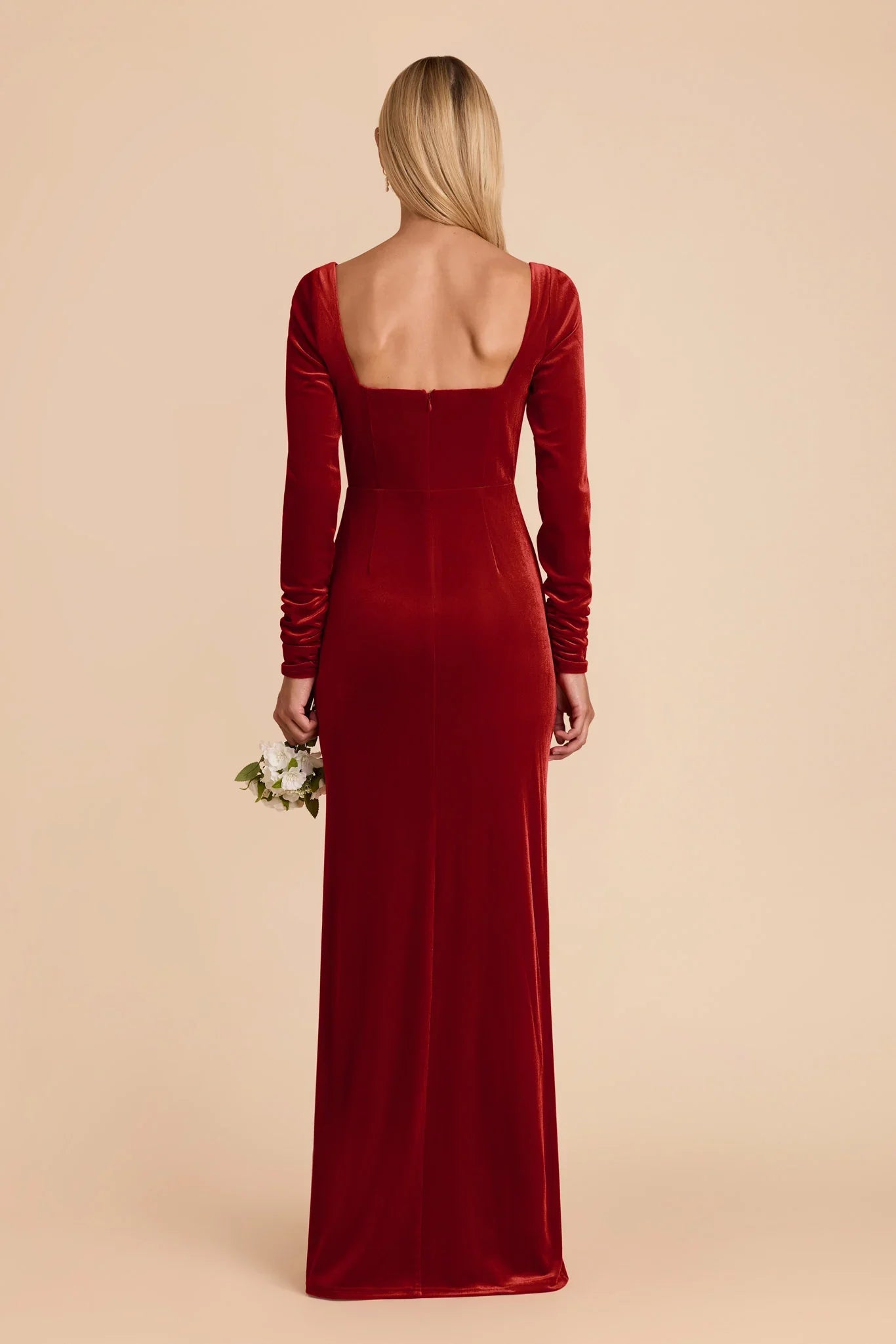 Sophisticated Burnt Orange Velvet Square Neck Long-Sleeve Maxi Bridesmaid Dress with Ruched Waist & High Side Slit