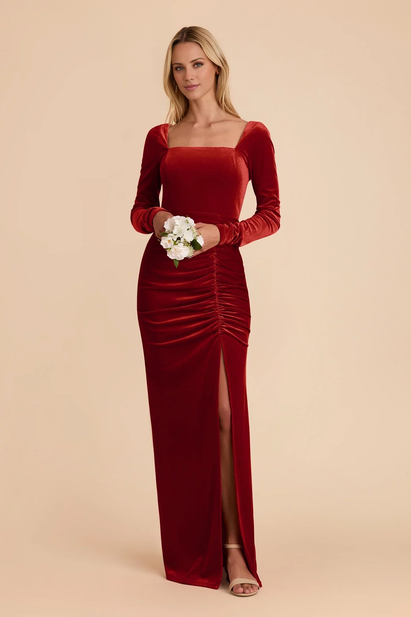 Sophisticated Burnt Orange Velvet Square Neck Long-Sleeve Maxi Bridesmaid Dress with Ruched Waist & High Side Slit