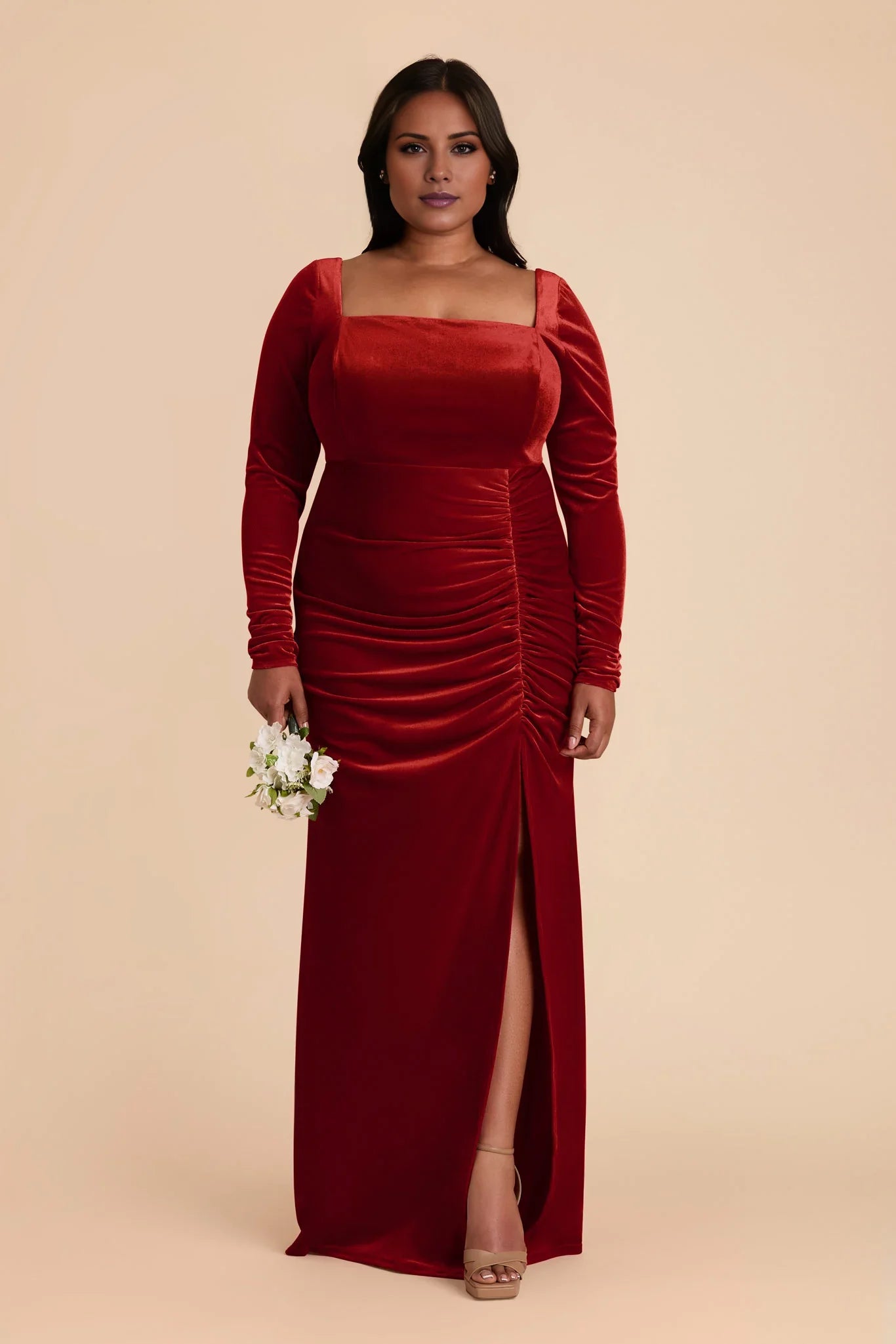 Sophisticated Burnt Orange Velvet Square Neck Long-Sleeve Maxi Bridesmaid Dress with Ruched Waist & High Side Slit
