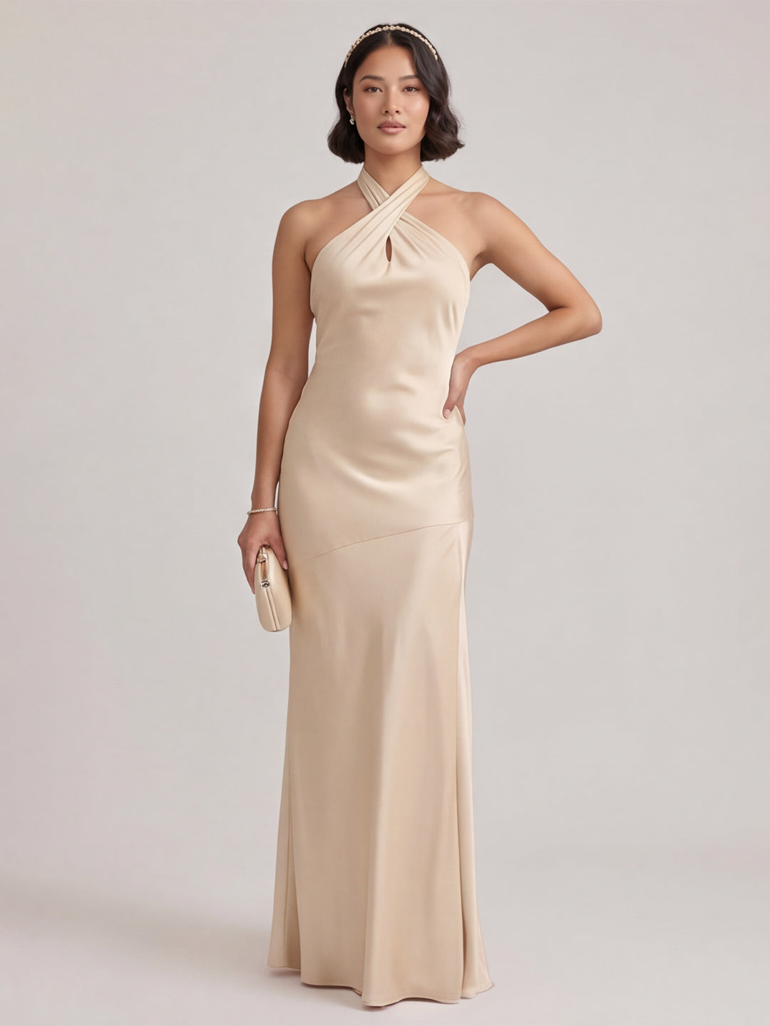 Sophisticated Champagne Satin Halter Neckline Keyhole Back BowDetail Bridesmaid Dress