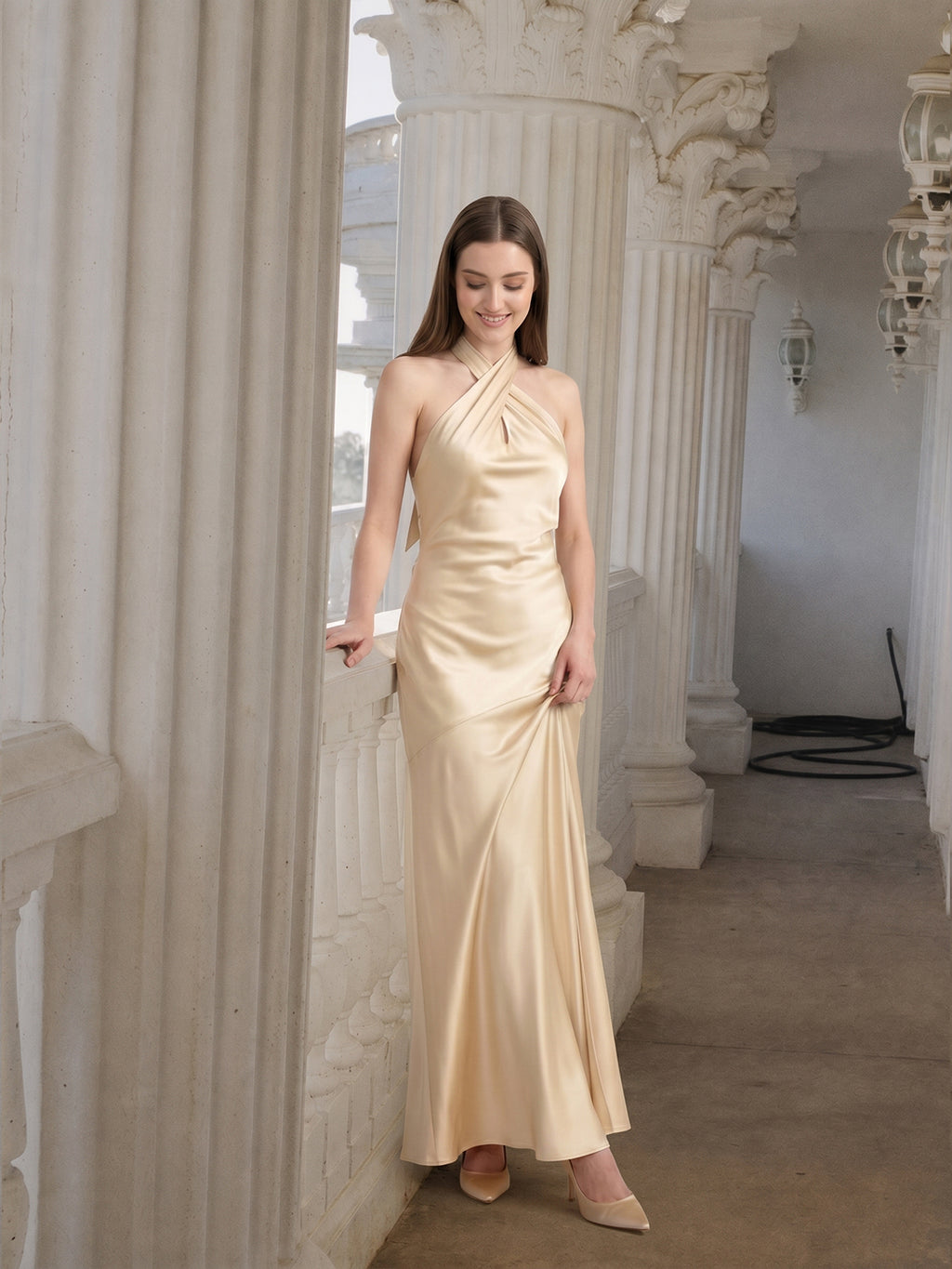Sophisticated Champagne Satin Halter Neckline Keyhole Back BowDetail Bridesmaid Dress