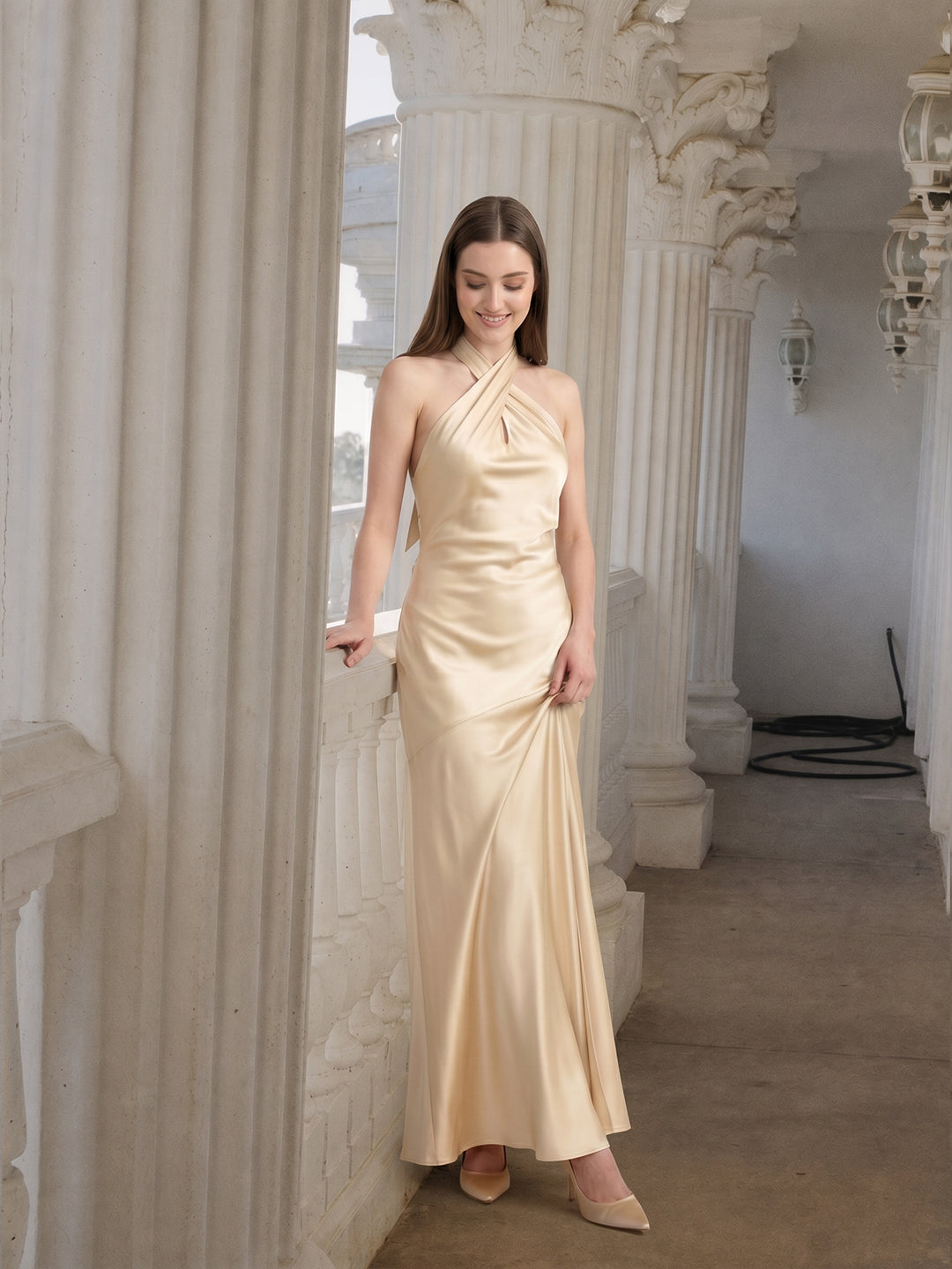 Sophisticated Champagne Satin Halter Neckline Keyhole Back BowDetail Bridesmaid Dress