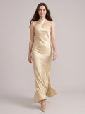 Sophisticated Champagne Satin Halter Neckline Keyhole Back BowDetail Bridesmaid Dress