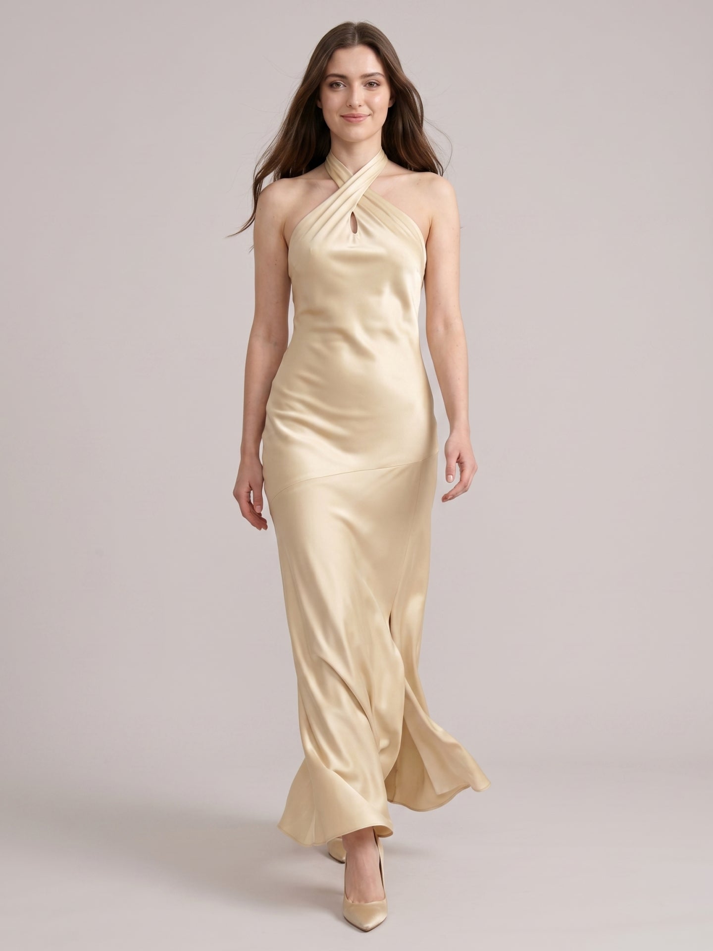Sophisticated Champagne Satin Halter Neckline Keyhole Back BowDetail Bridesmaid Dress