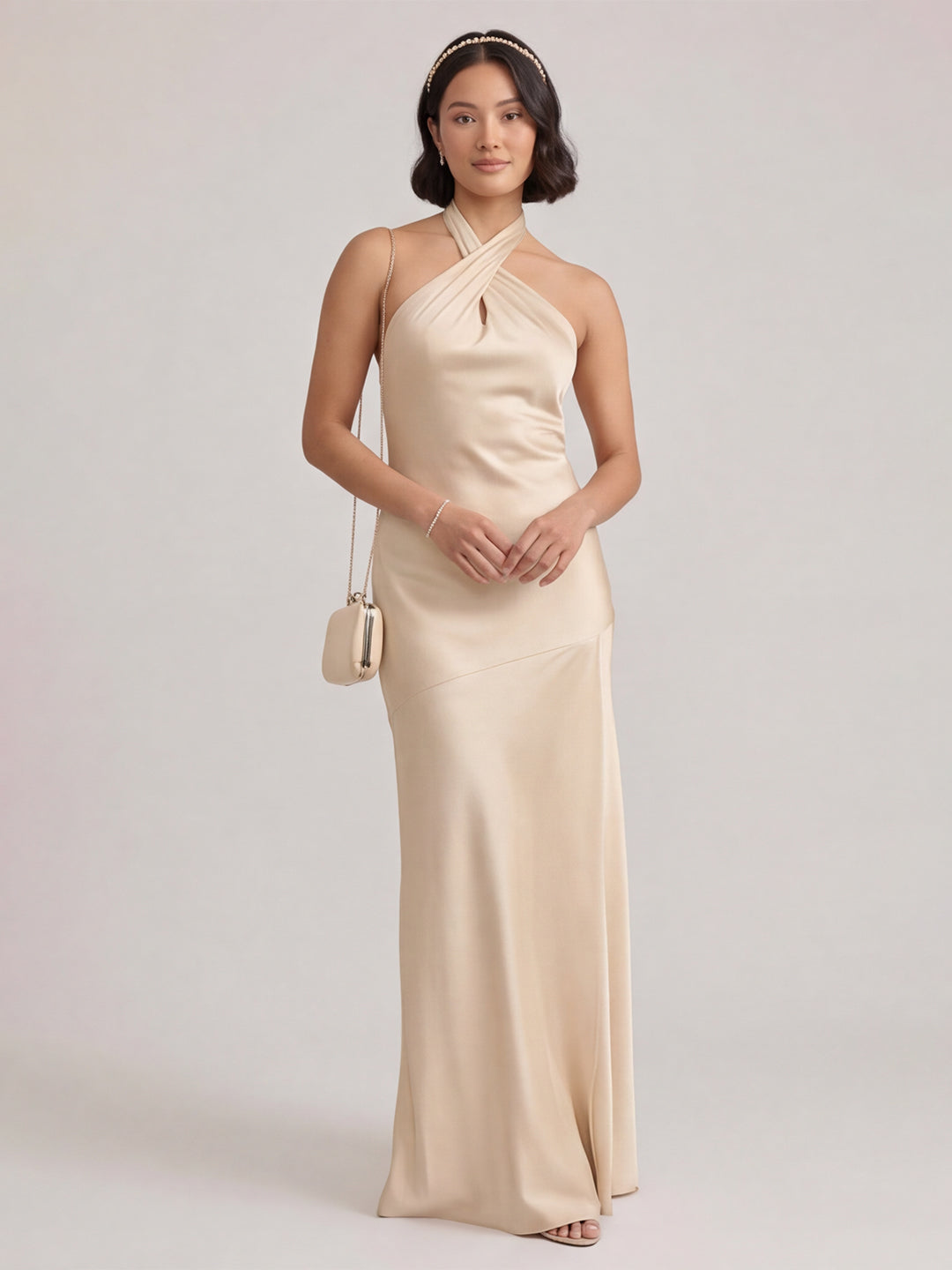 Sophisticated Champagne Satin Halter Neckline Keyhole Back BowDetail Bridesmaid Dress