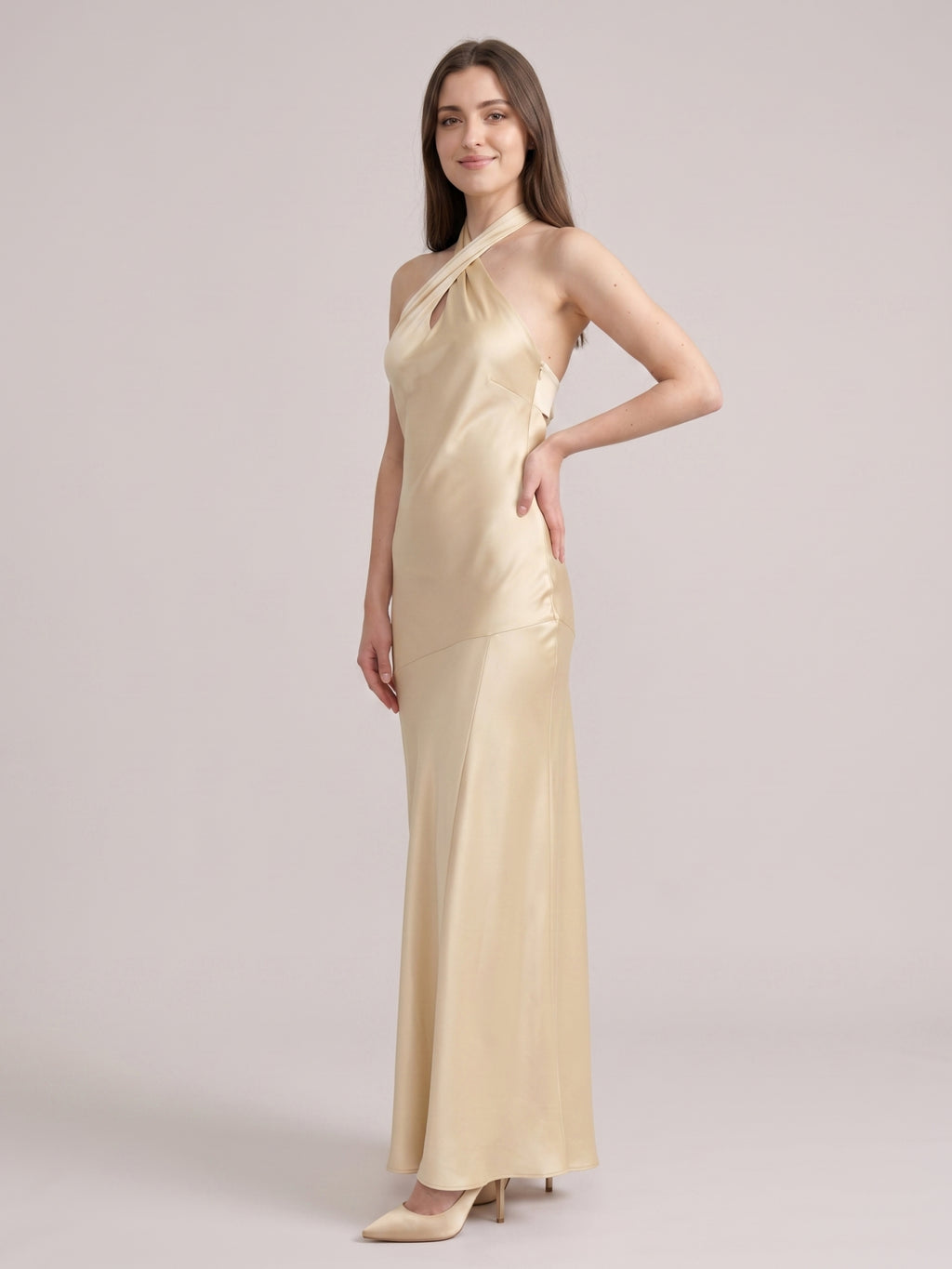 Sophisticated Champagne Satin Halter Neckline Keyhole Back BowDetail Bridesmaid Dress