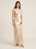 Sophisticated Champagne Satin Halter Neckline Keyhole Back BowDetail Bridesmaid Dress