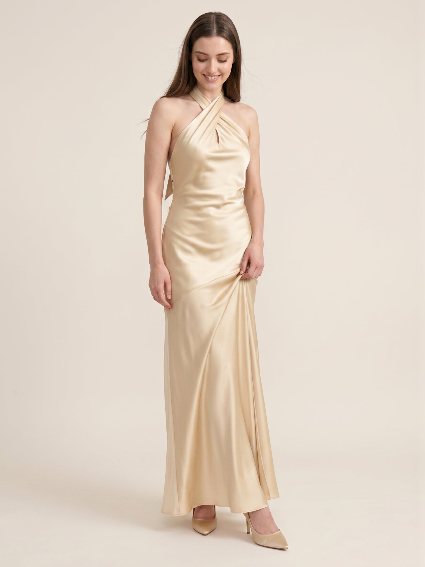 Sophisticated Champagne Satin Halter Neckline Keyhole Back BowDetail Bridesmaid Dress