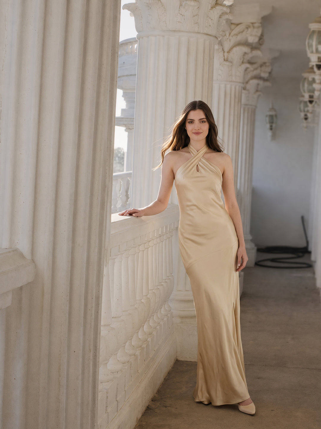Sophisticated Champagne Satin Halter Neckline Keyhole Back BowDetail Bridesmaid Dress
