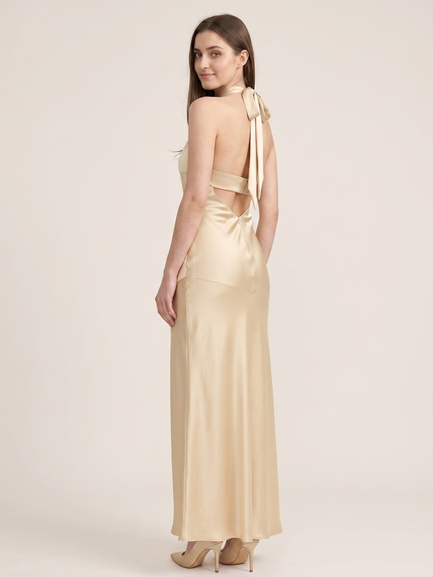 Sophisticated Champagne Satin Halter Neckline Keyhole Back BowDetail Bridesmaid Dress