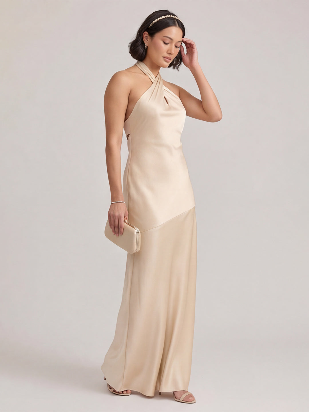 Sophisticated Champagne Satin Halter Neckline Keyhole Back BowDetail Bridesmaid Dress