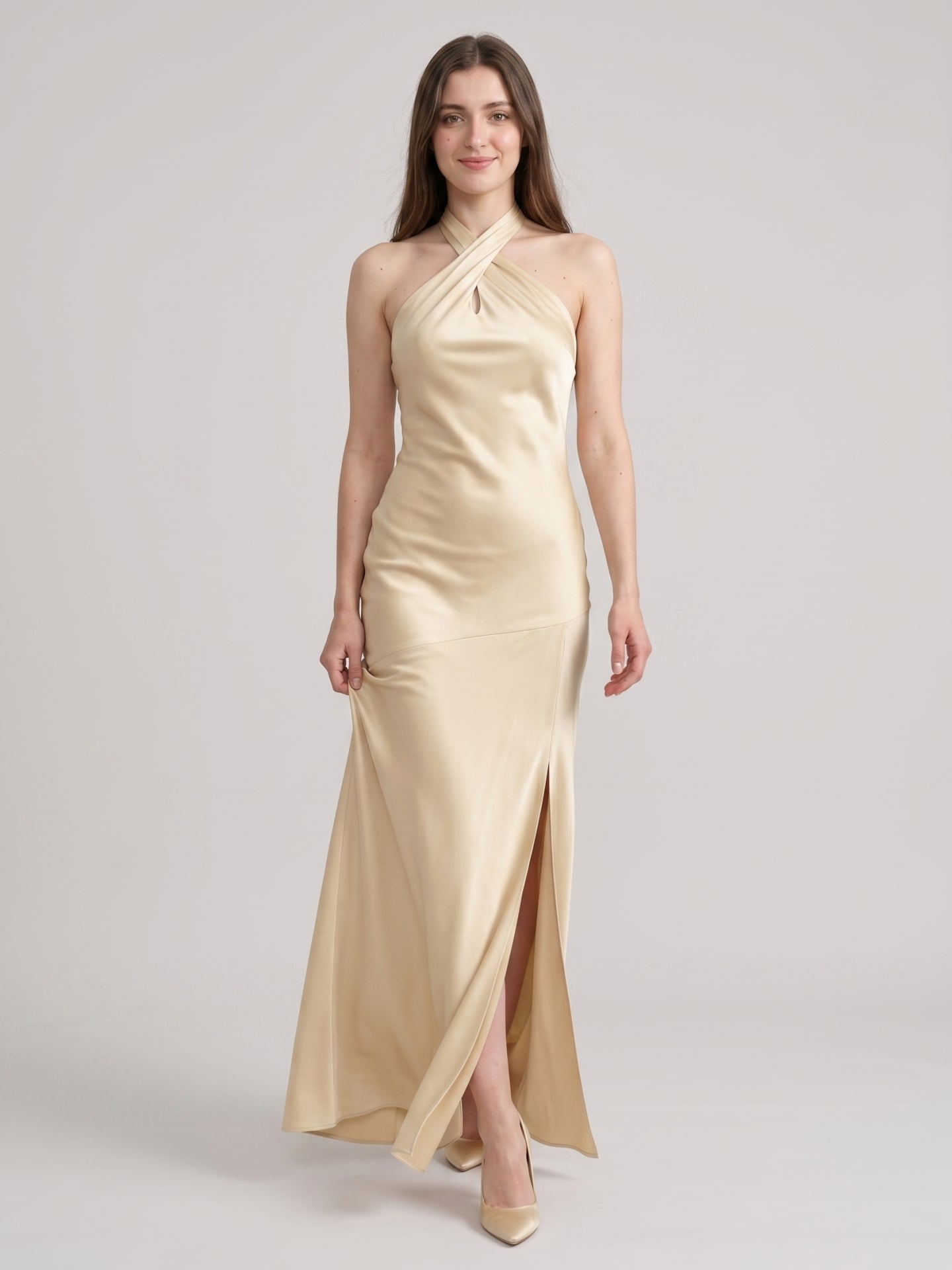 Sophisticated Champagne Satin Halter Neckline Keyhole Back BowDetail Bridesmaid Dress