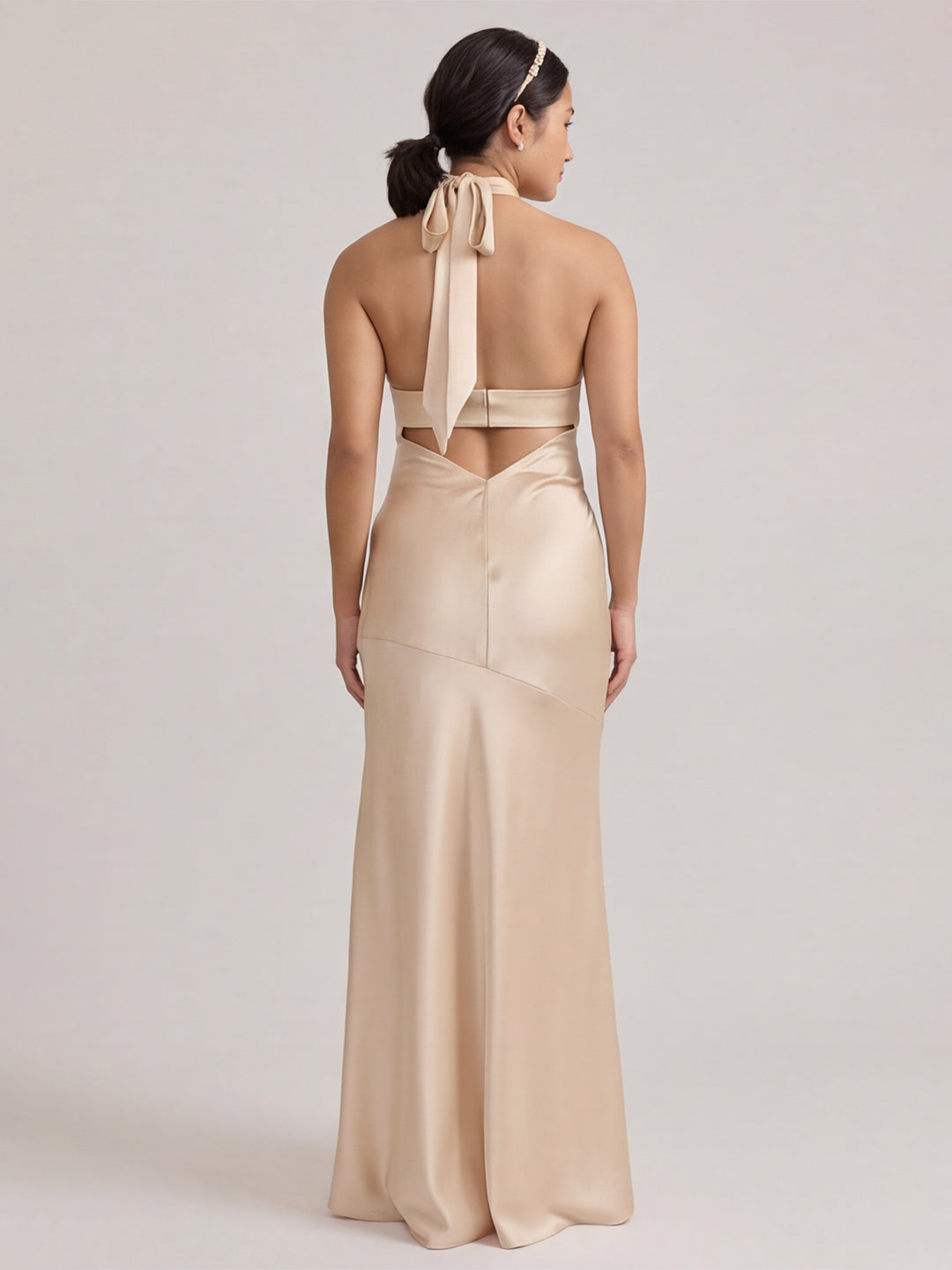 Sophisticated Champagne Satin Halter Neckline Keyhole Back BowDetail Bridesmaid Dress