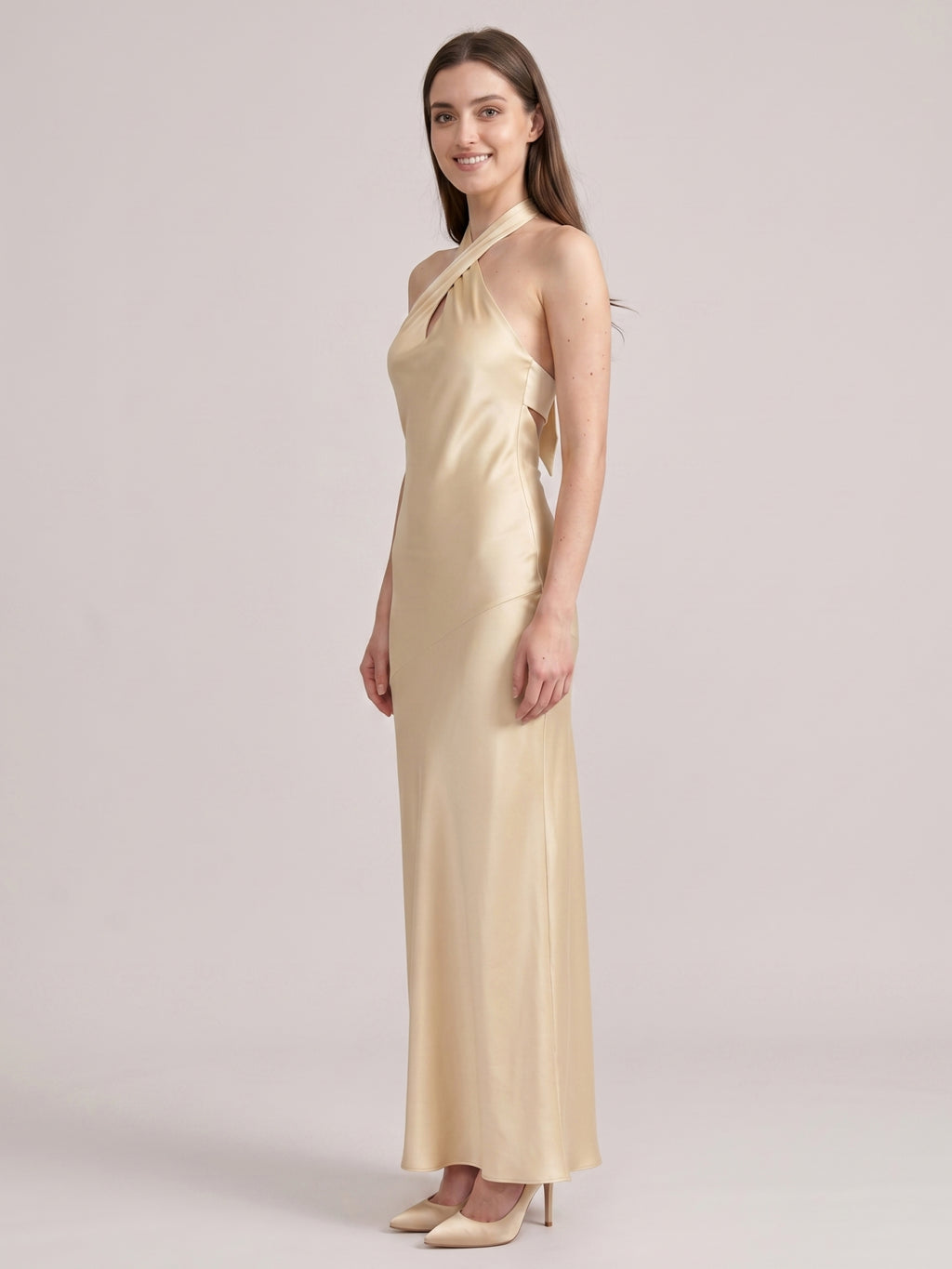 Sophisticated Champagne Satin Halter Neckline Keyhole Back BowDetail Bridesmaid Dress