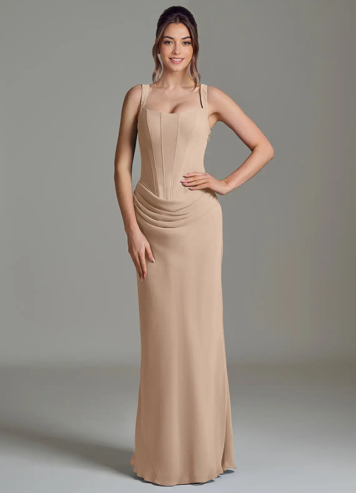 Sophisticated Chiffon Sheath Square Neck Spaghetti Strap Lace-Up Back Floor-Length Bridesmaid Dress