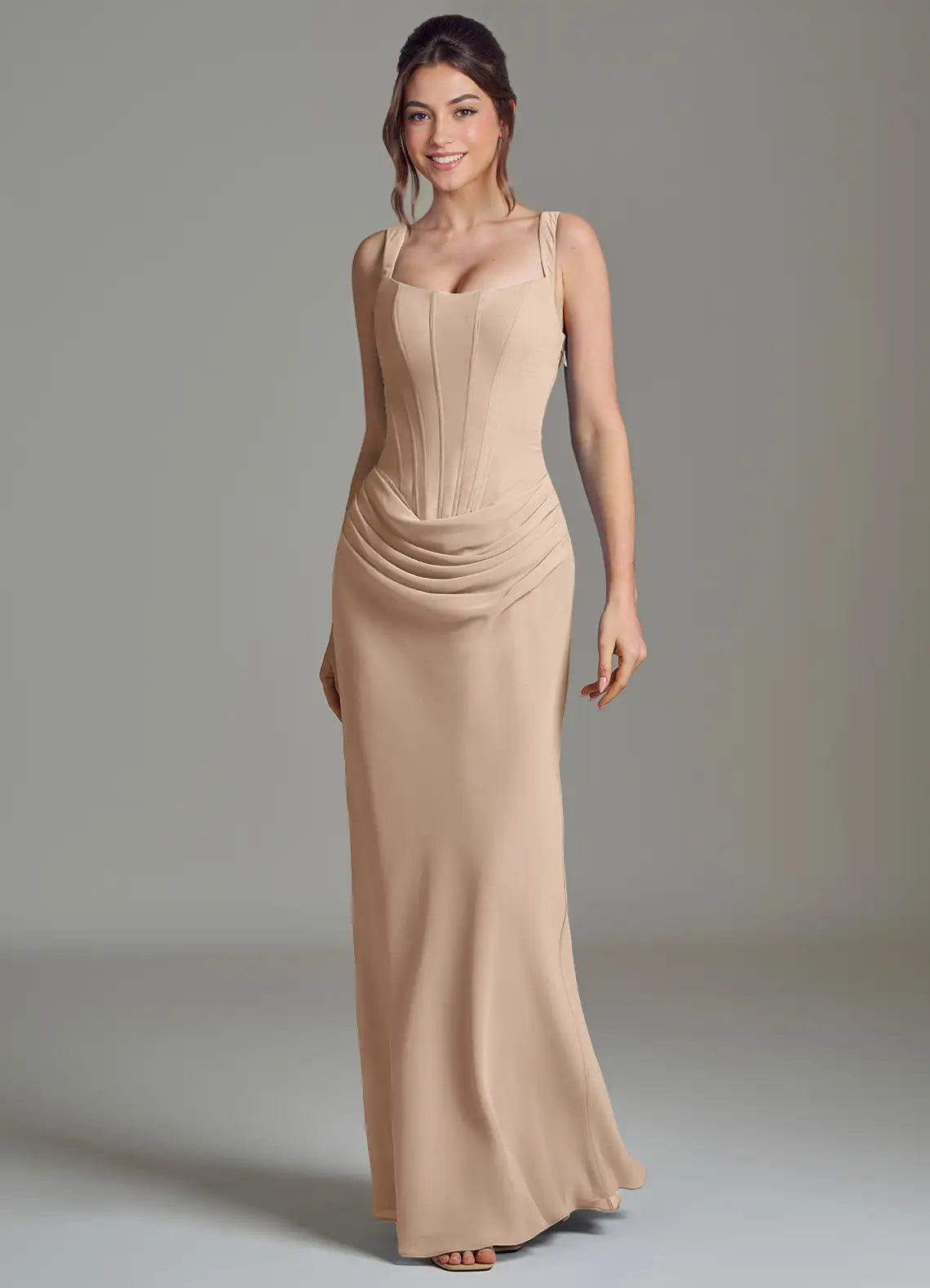 Sophisticated Chiffon Sheath Square Neck Spaghetti Strap Lace-Up Back Floor-Length Bridesmaid Dress