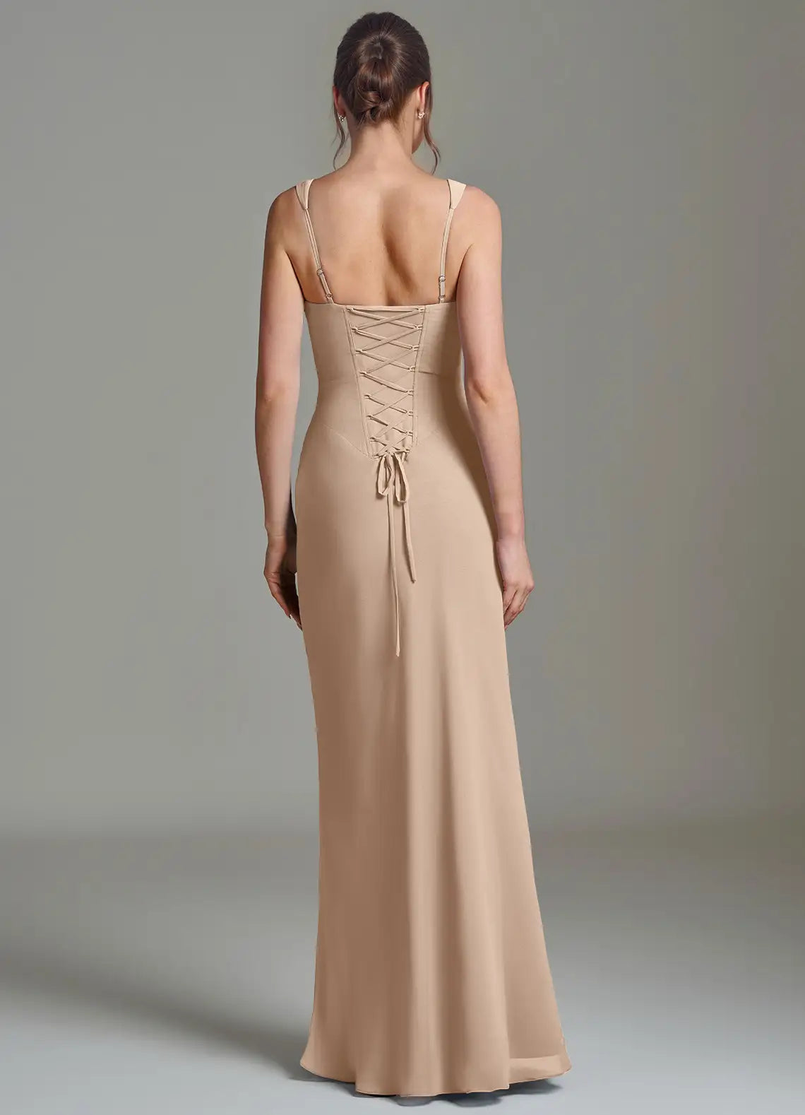 Sophisticated Chiffon Sheath Square Neck Spaghetti Strap Lace-Up Back Floor-Length Bridesmaid Dress