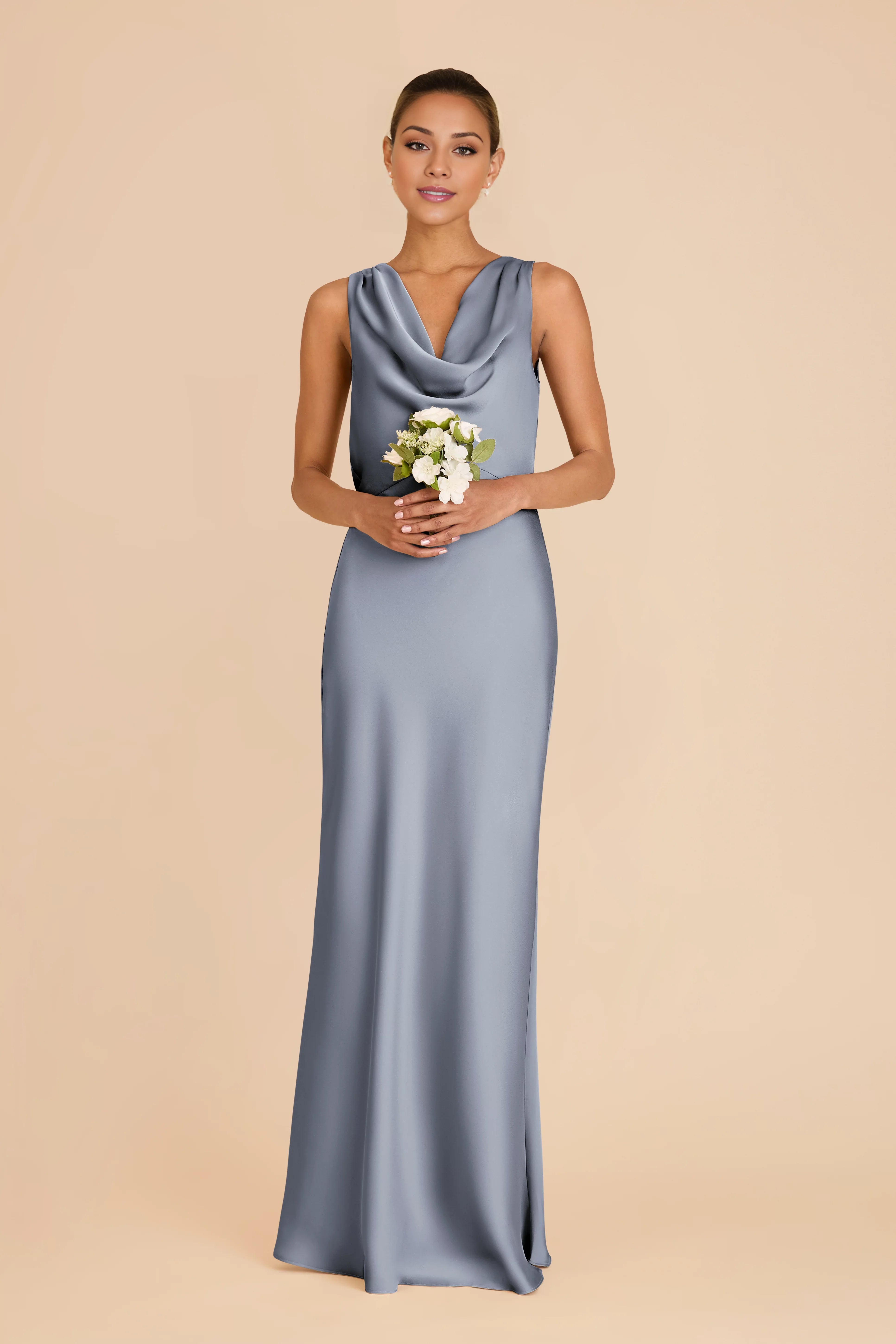 Sophisticated Dusty Blue Satin Cowl-Neck Maxi Bridesmaid Dress with Open Back