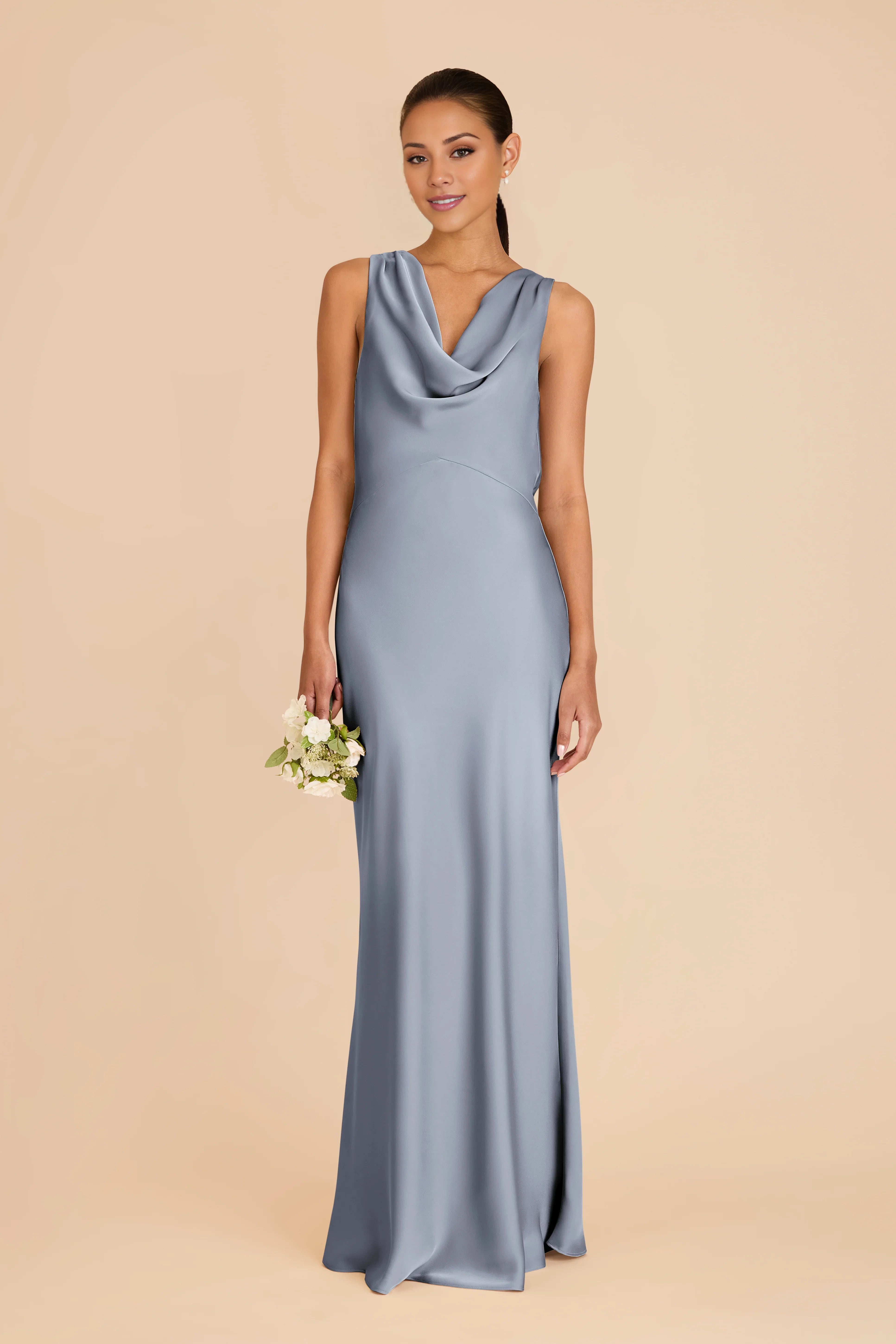 Sophisticated Dusty Blue Satin Cowl-Neck Maxi Bridesmaid Dress with Open Back