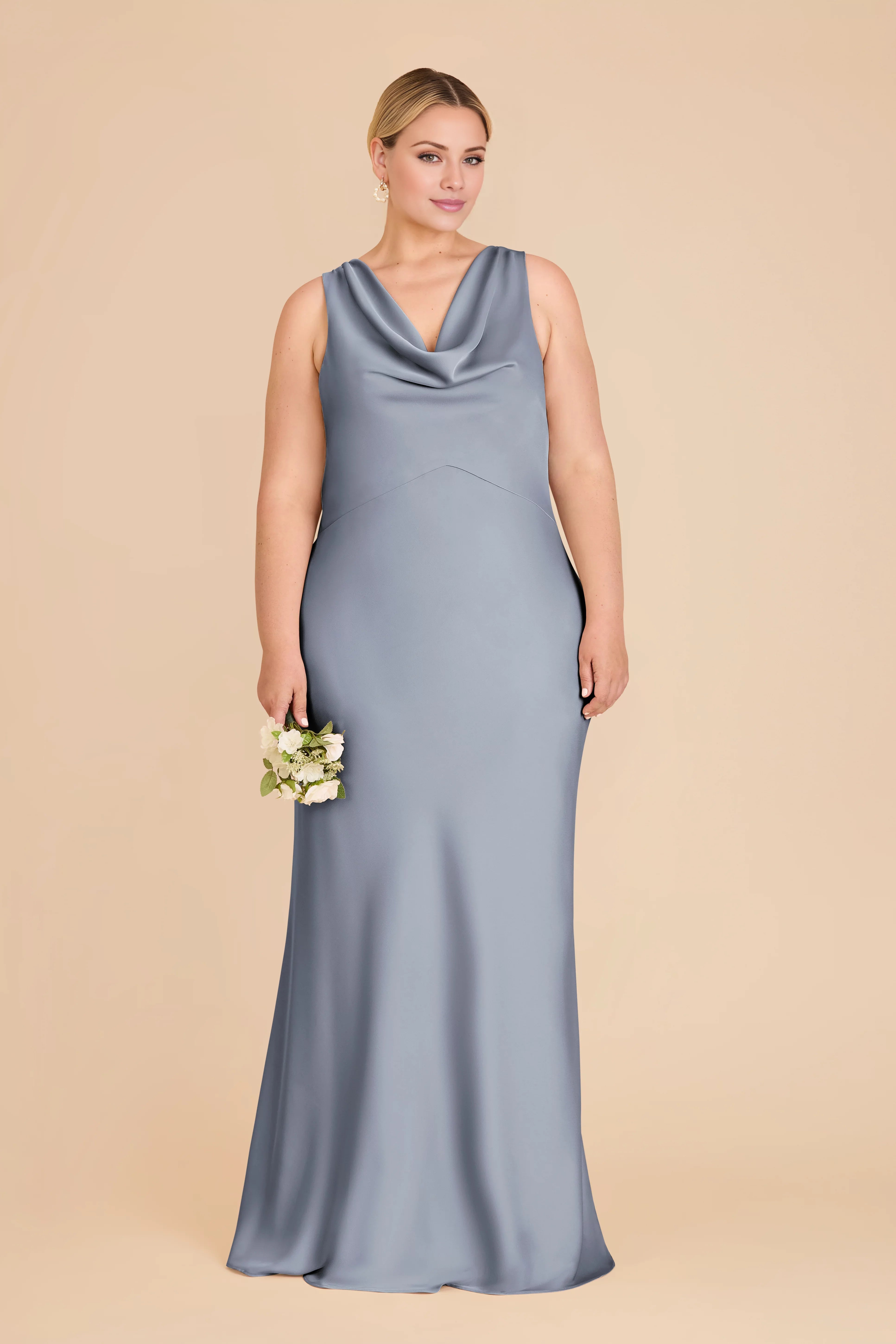 Sophisticated Dusty Blue Satin Cowl-Neck Maxi Bridesmaid Dress with Open Back