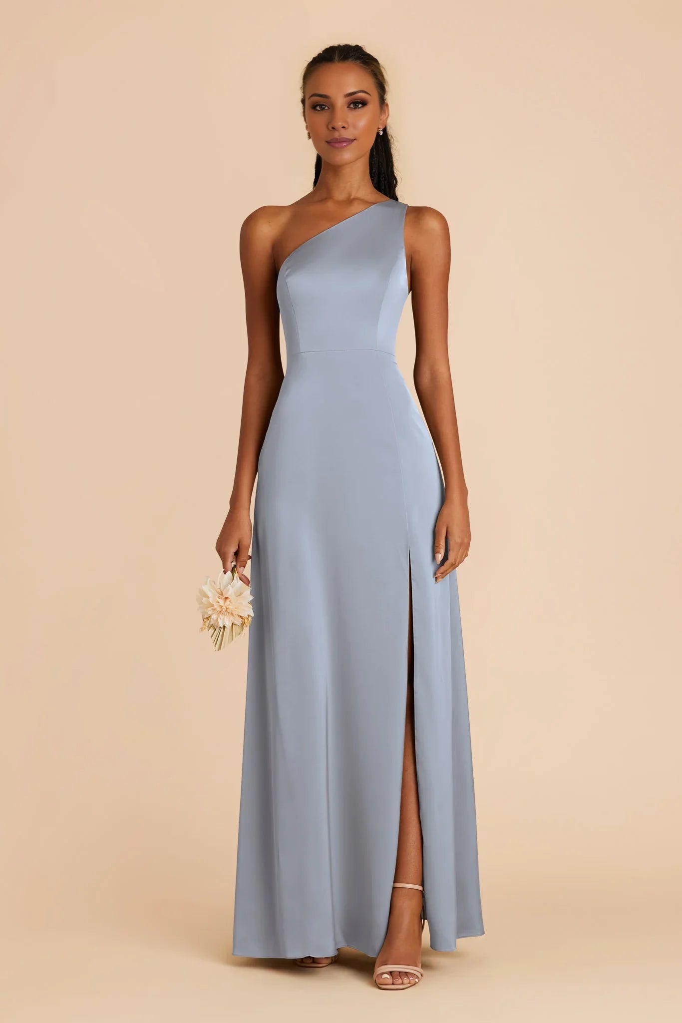 Sophisticated Dusty Blue Satin One-Shoulder Maxi Bridesmaid Dress with High Side Slit
