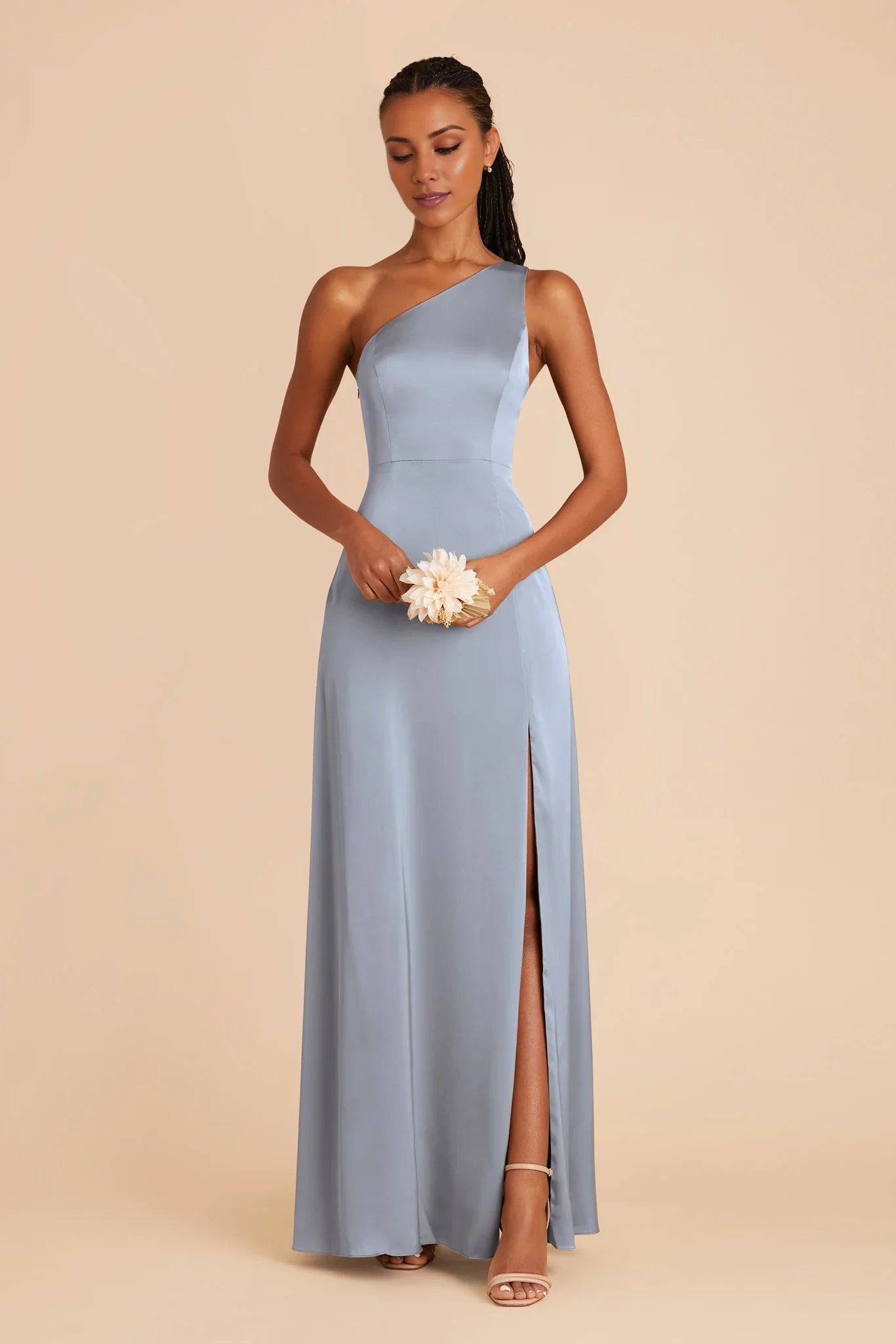 Sophisticated Dusty Blue Satin One-Shoulder Maxi Bridesmaid Dress with High Side Slit