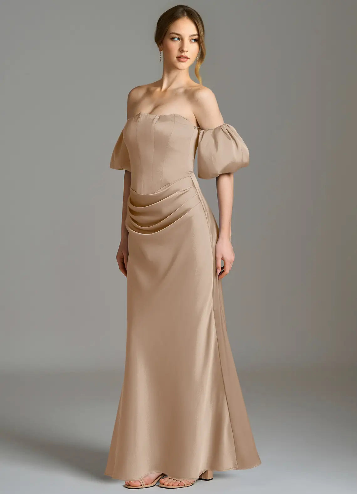 Sophisticated Satin Bridesmaid Dresses with Off-the-Shoulder Neckline, Puff Sleeves and Ruched Waist Formal Gown