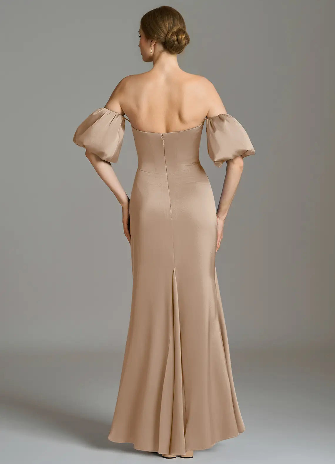 Sophisticated Satin Bridesmaid Dresses with Off-the-Shoulder Neckline, Puff Sleeves and Ruched Waist Formal Gown