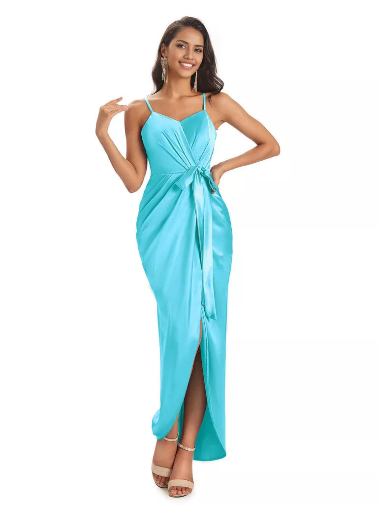 High Low Spaghetti Straps V-neck Mermaid Asymmetrical Soft Satin Bridesmaid Dresses