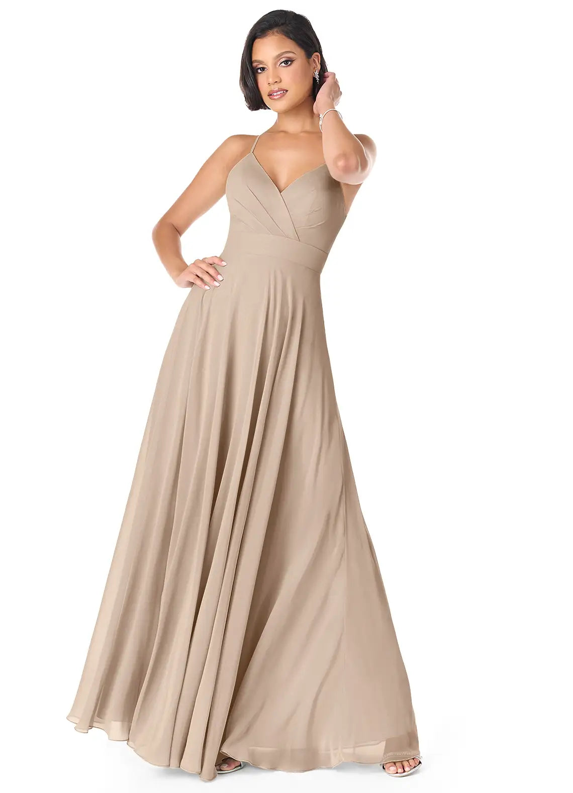 Spaghetti Strap Chiffon Bridesmaid Dress with V-Neck, Back Cutout and Flowy Skirt