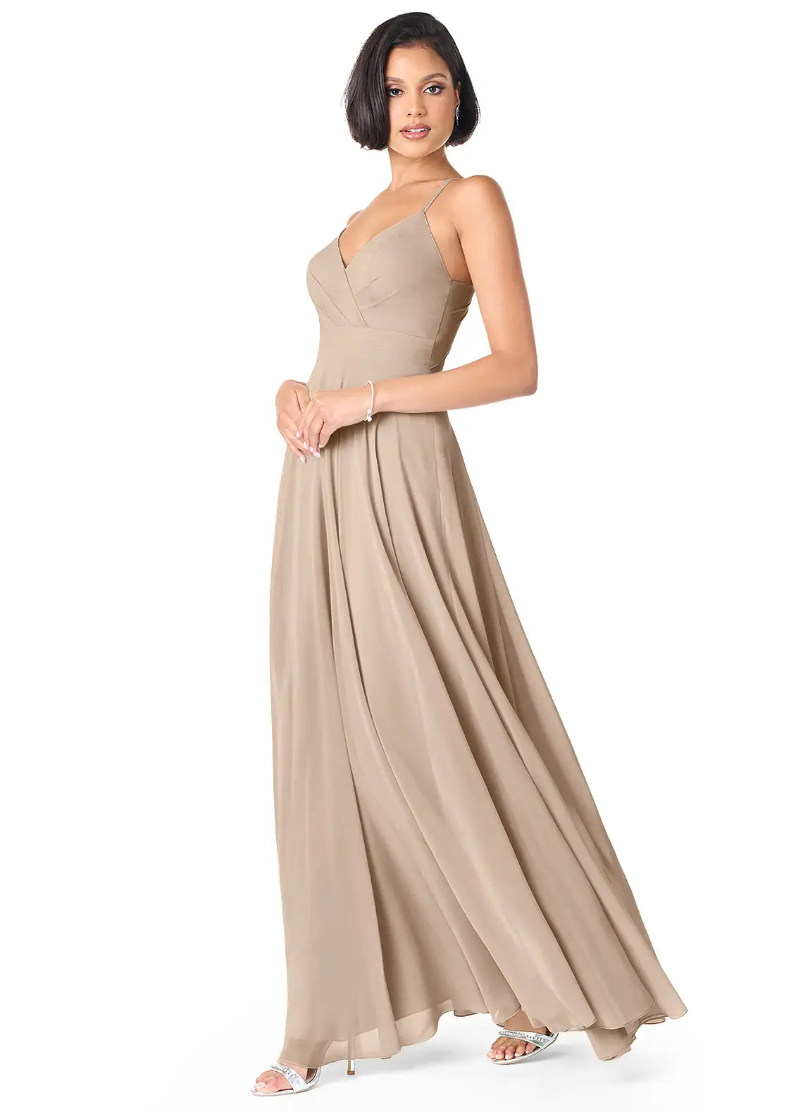 Spaghetti Strap Chiffon Bridesmaid Dress with V-Neck, Back Cutout and Flowy Skirt