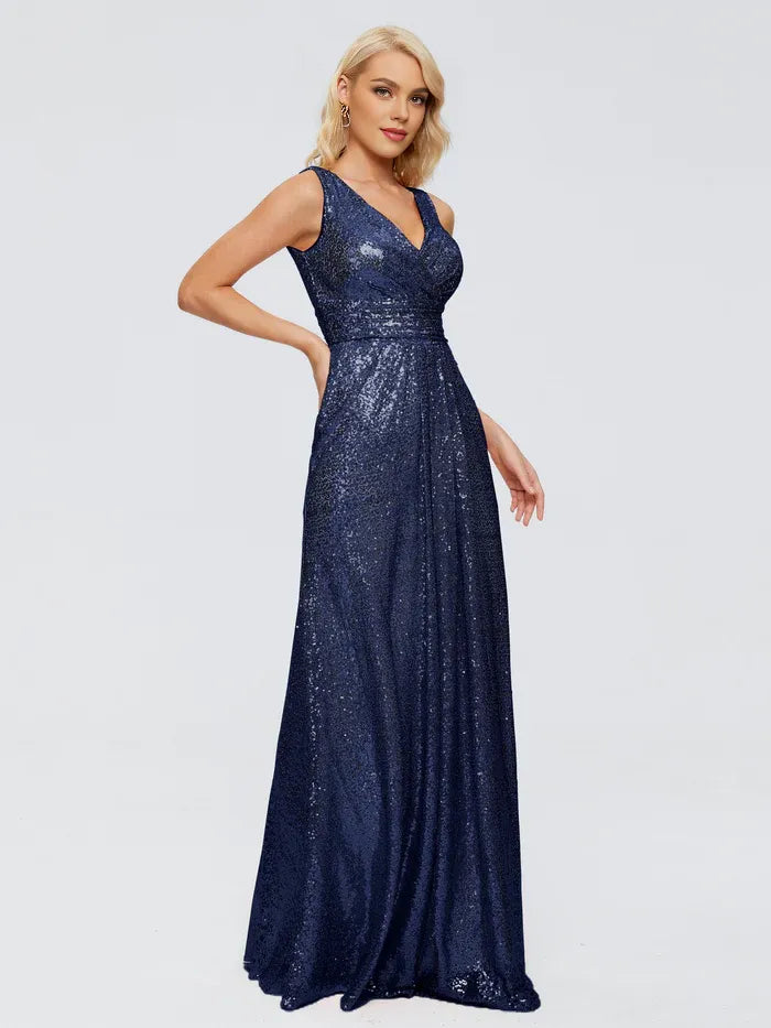Sparkle Sheath V Neck Sleeveless Pleated Sequins Floor Length Bridesmaid Dress