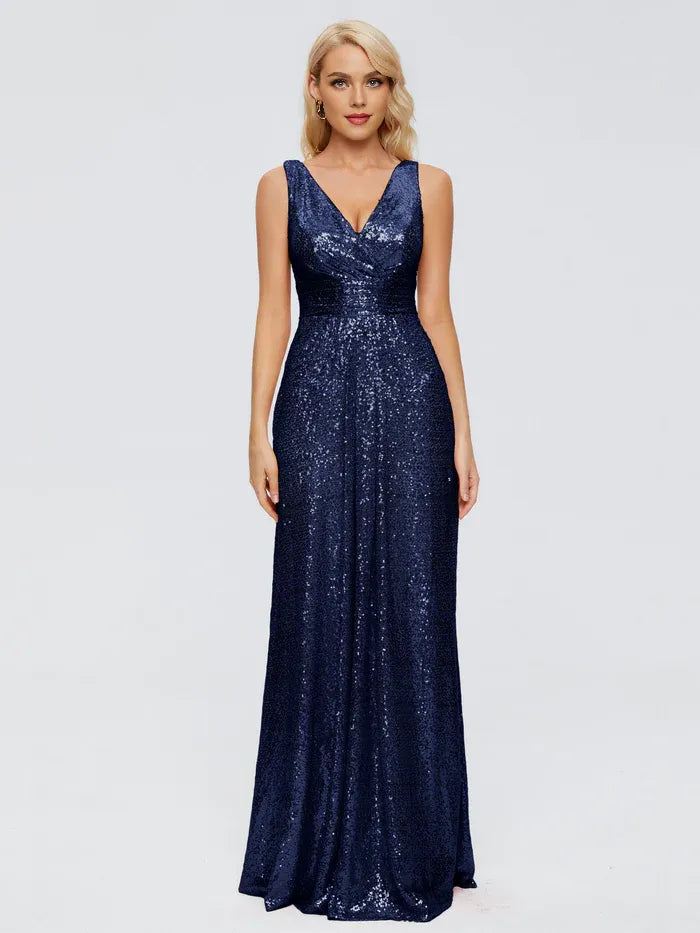 Sparkle Sheath V Neck Sleeveless Pleated Sequins Floor Length Bridesmaid Dress