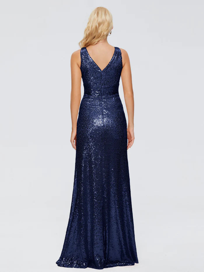 Sparkle Sheath V Neck Sleeveless Pleated Sequins Floor Length Bridesmaid Dress